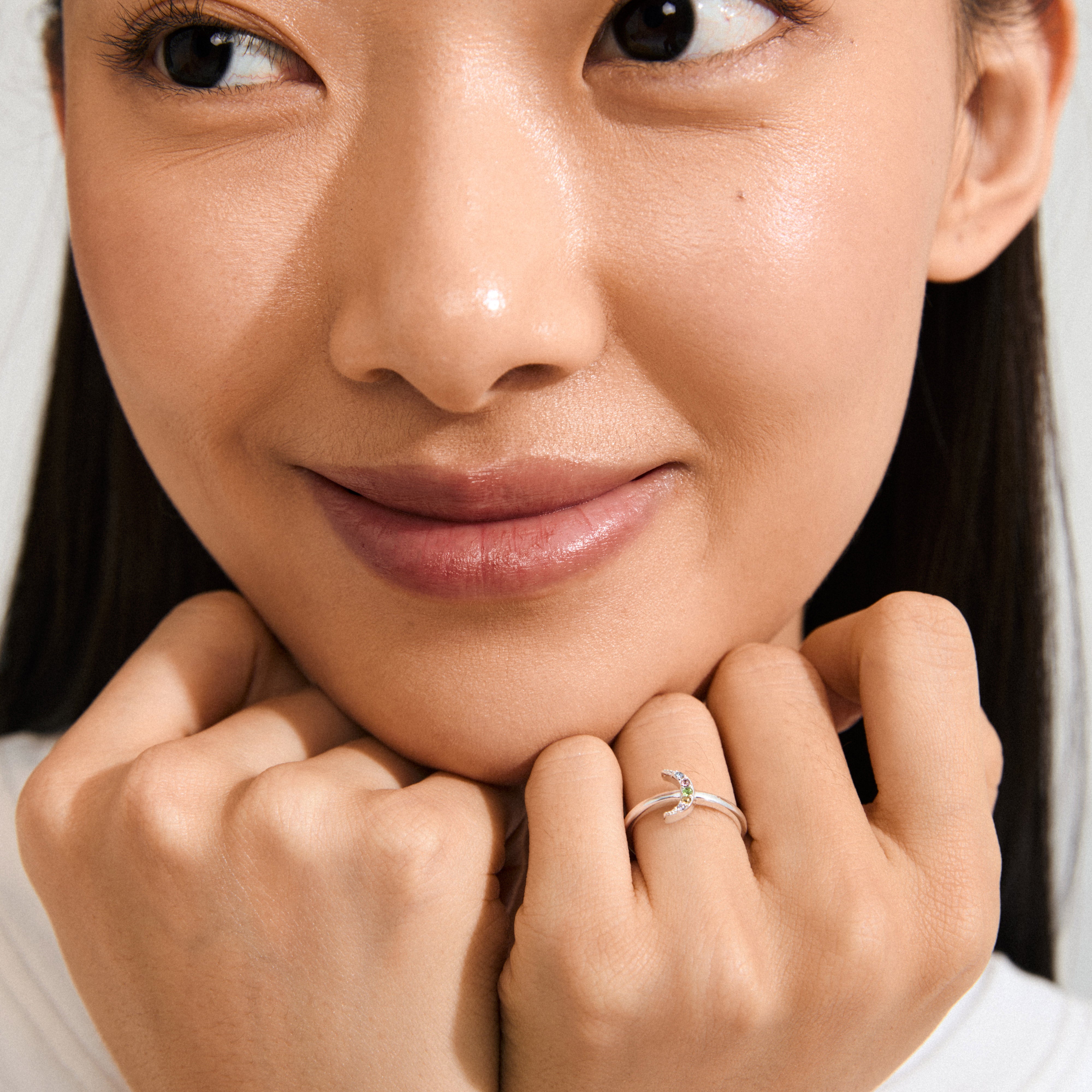 LULU moon stack ring silver-plated, featuring a sparkling crescent with tiny crystals, crafted from 98% recycled materials for an elegant, eco-friendly statement.