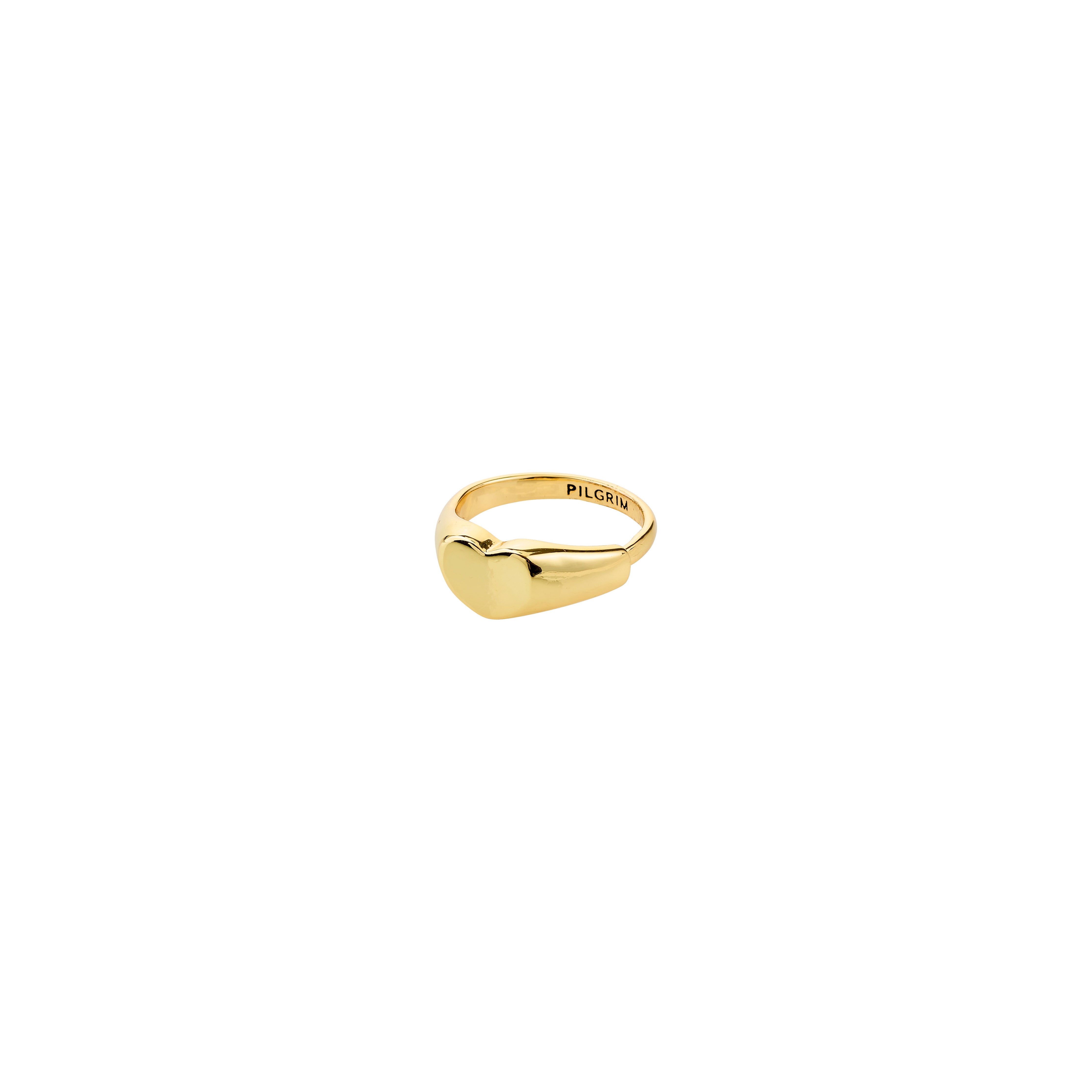 Gold-tone ARIN ring by Pilgrim, featuring a smooth heart-shaped top and engraved brand name inside, offering a minimalist, adjustable design crafted from recycled materials.