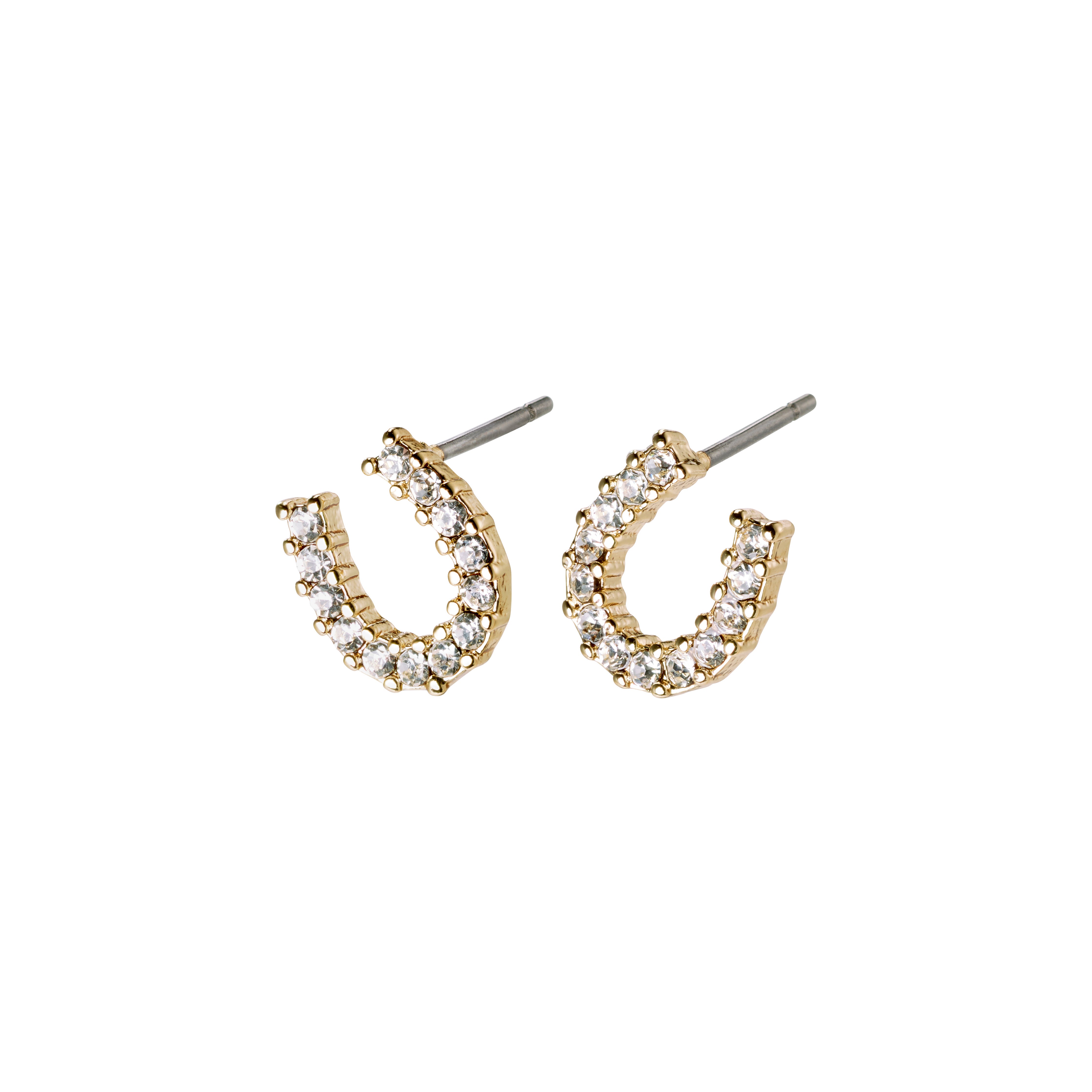 LEANNA gold-plated stud earrings with horseshoe design, featuring polished sides and crystal-studded tops for a classic, glamorous look.