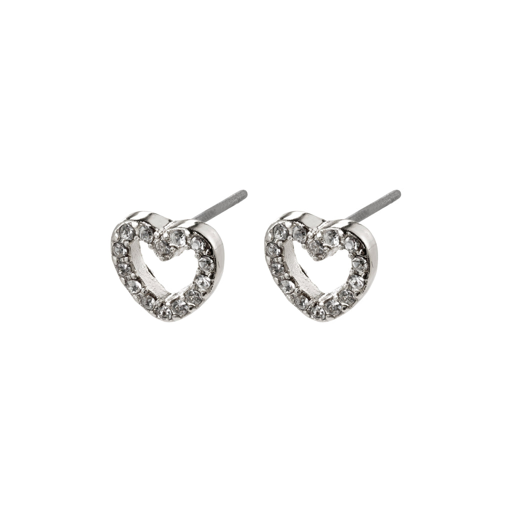 EDIE crystal heart earrings, silver-plated, with sparkling front crystals for a romantic touch, perfect for adding glam to any outfit.