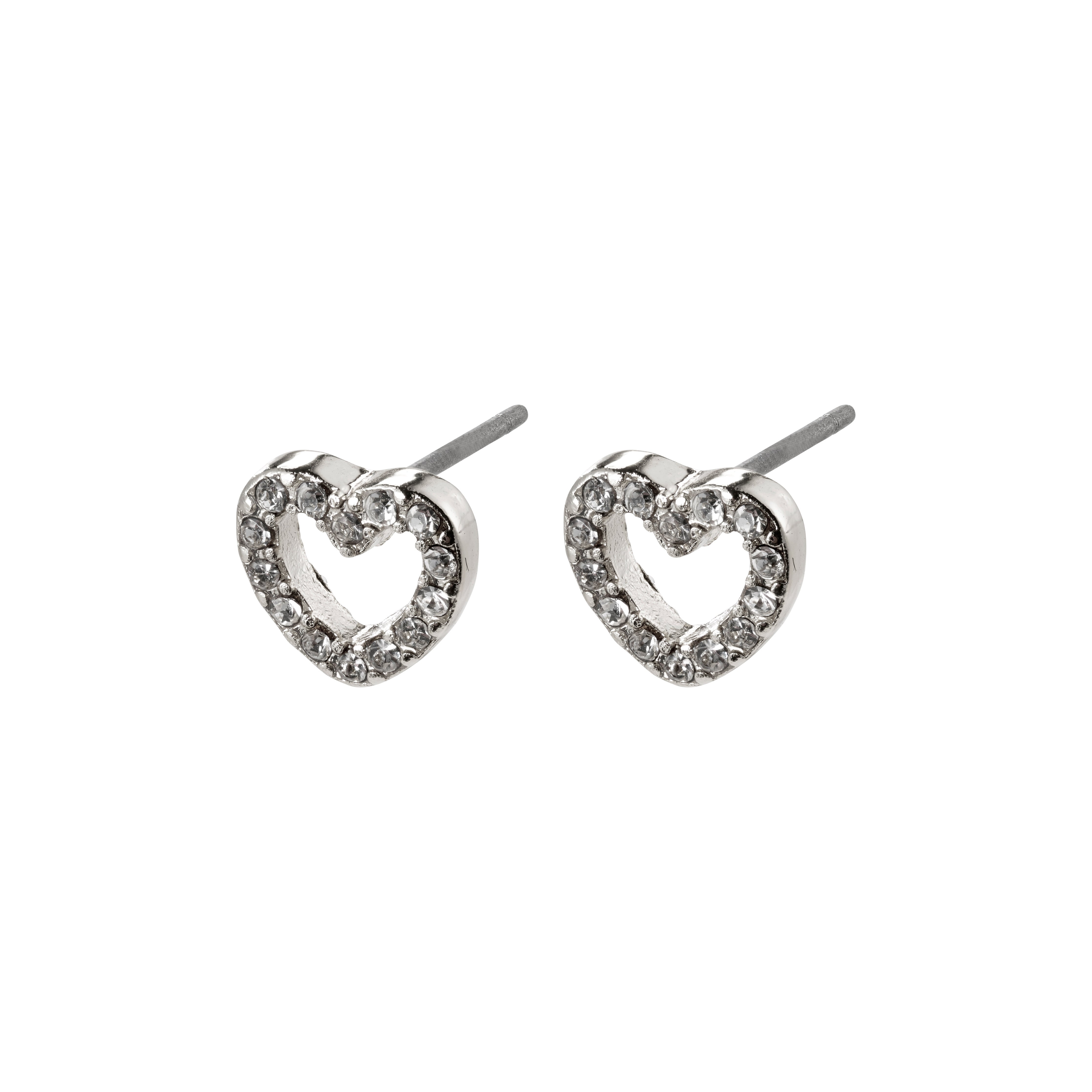 EDIE crystal heart earrings, silver-plated, with sparkling front crystals for a romantic touch, perfect for adding glam to any outfit.