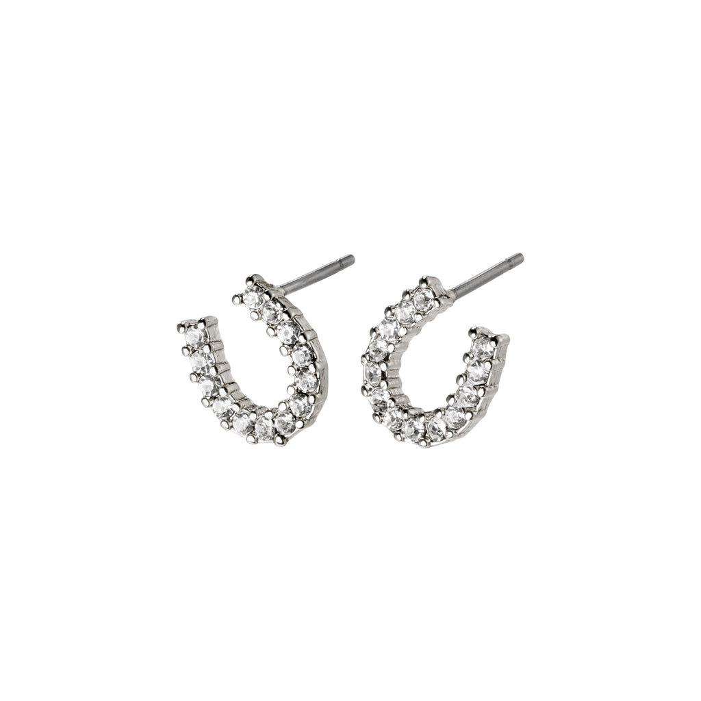 LEANNA good luck crystal earrings, silver-plated, featuring horseshoe design with polished sides and crystal-studded top, capturing light beautifully for a glamorous touch.