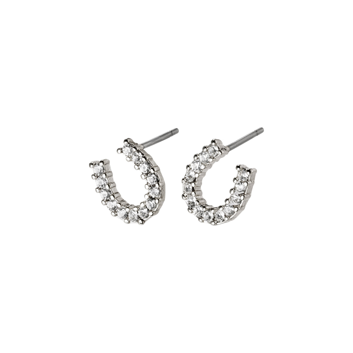 LEANNA good luck crystal earrings, silver-plated, featuring horseshoe design with polished sides and crystal-studded top, capturing light beautifully for a glamorous touch.