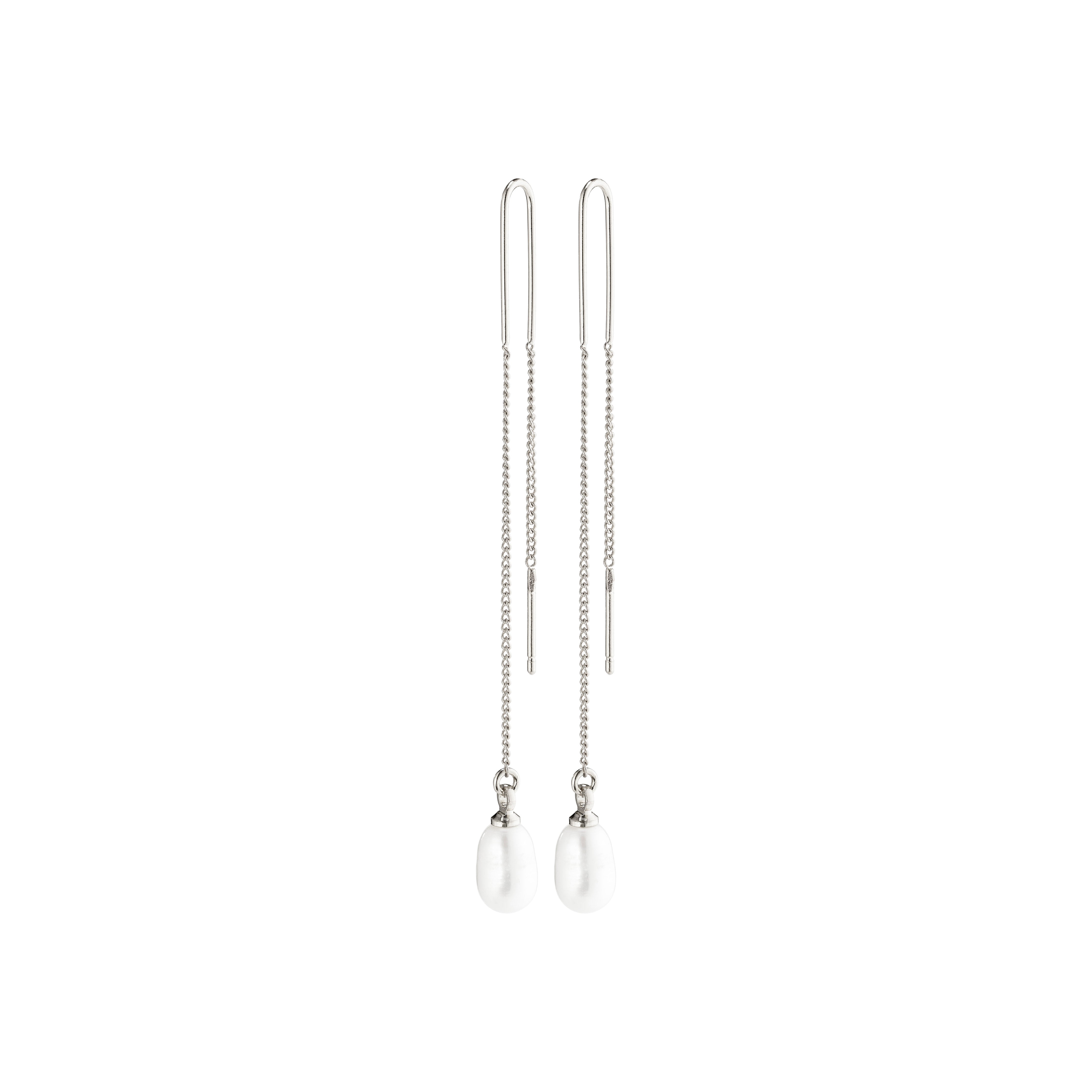 CHLOE pearl earrings silver-plated, featuring long silver chains with fine freshwater pearls as pendants, offering a bold yet simple look.