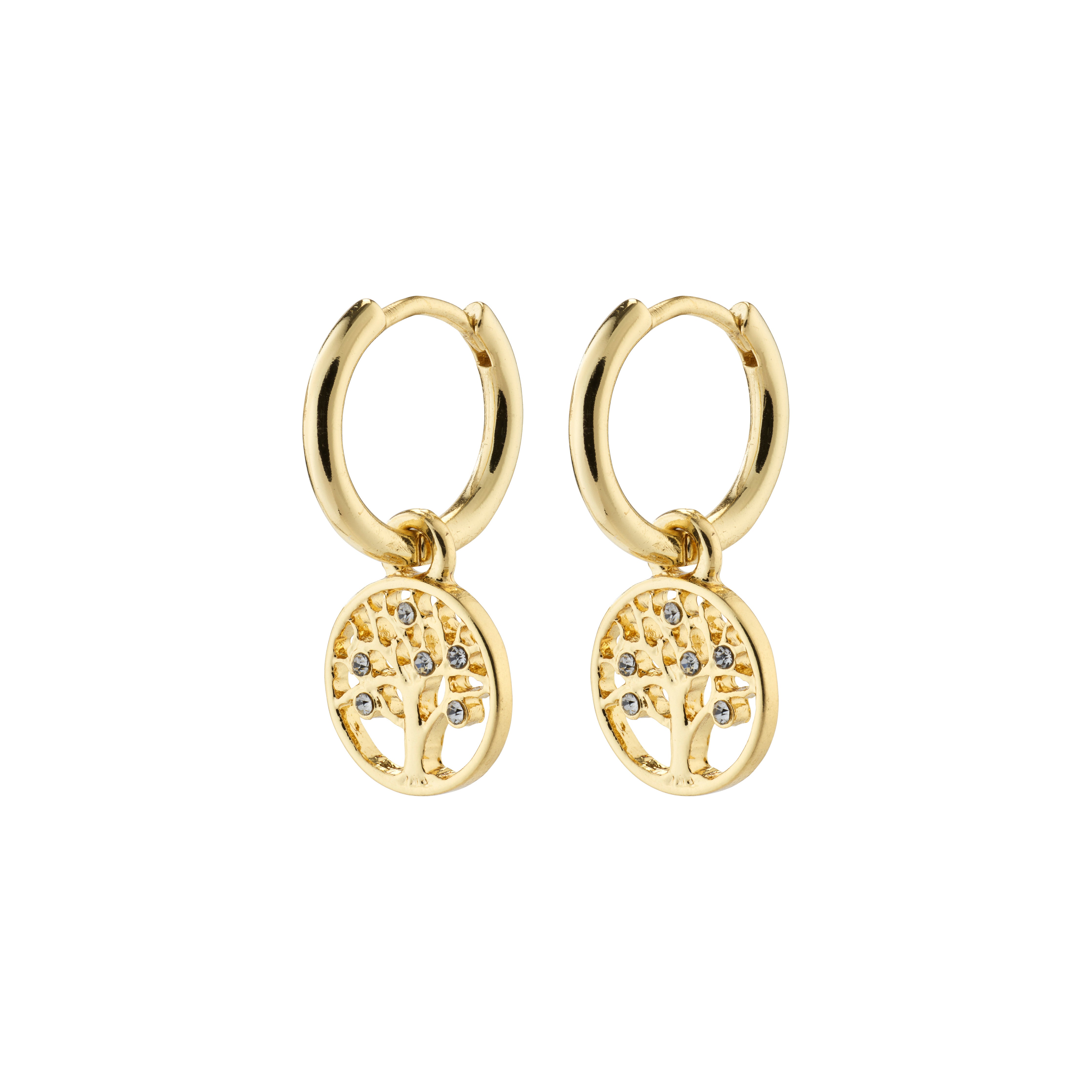 IBEN tree-of-life hoop earrings, gold-plated, feature coin pendants symbolizing the Tree of Life, embellished with Preciosa crystals for added sparkle.