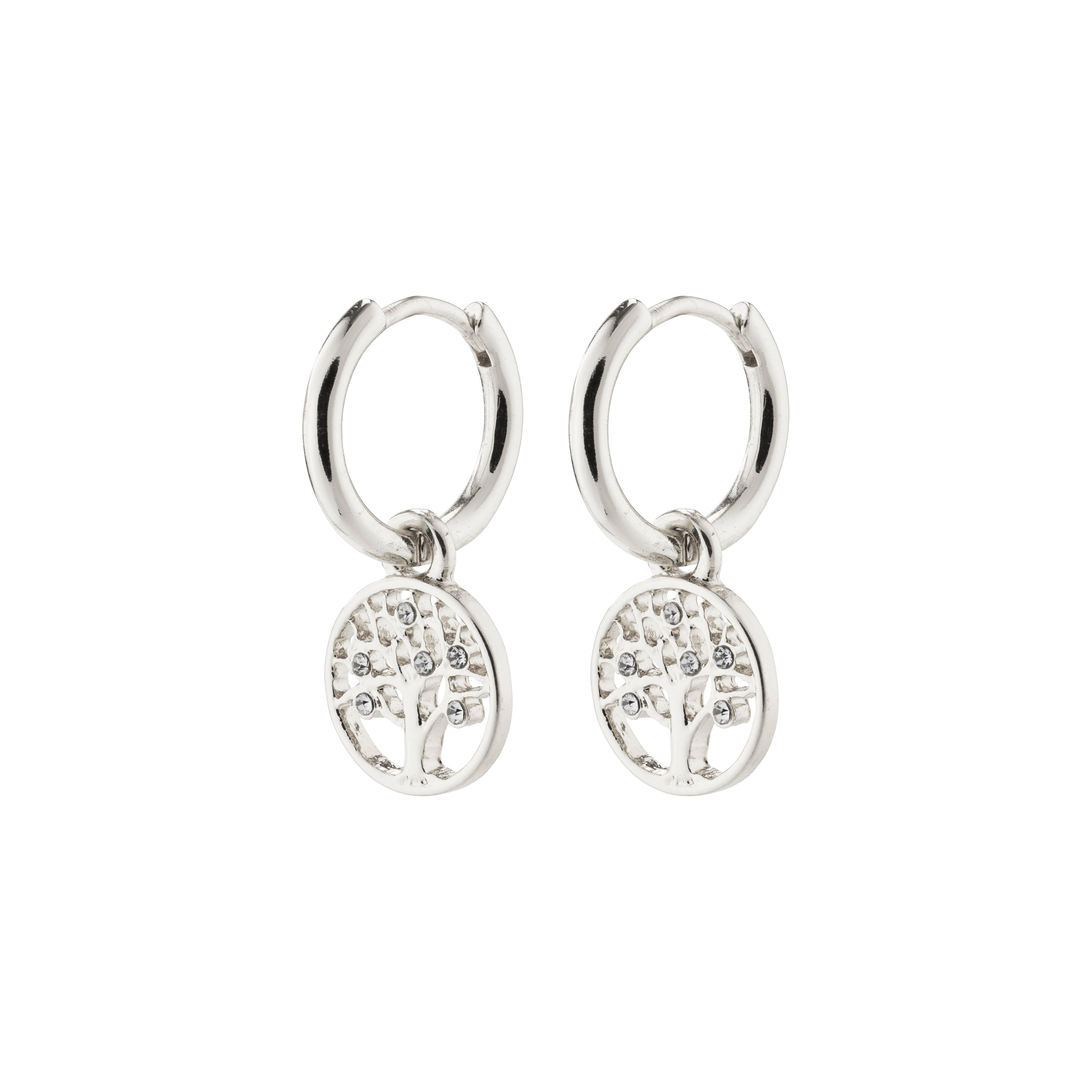 IBEN tree-of-life hoop earrings, silver-plated, featuring intricate Tree of Life carvings with sparkling Preciosa crystals, embodying timeless elegance and Scandinavian craftsmanship.