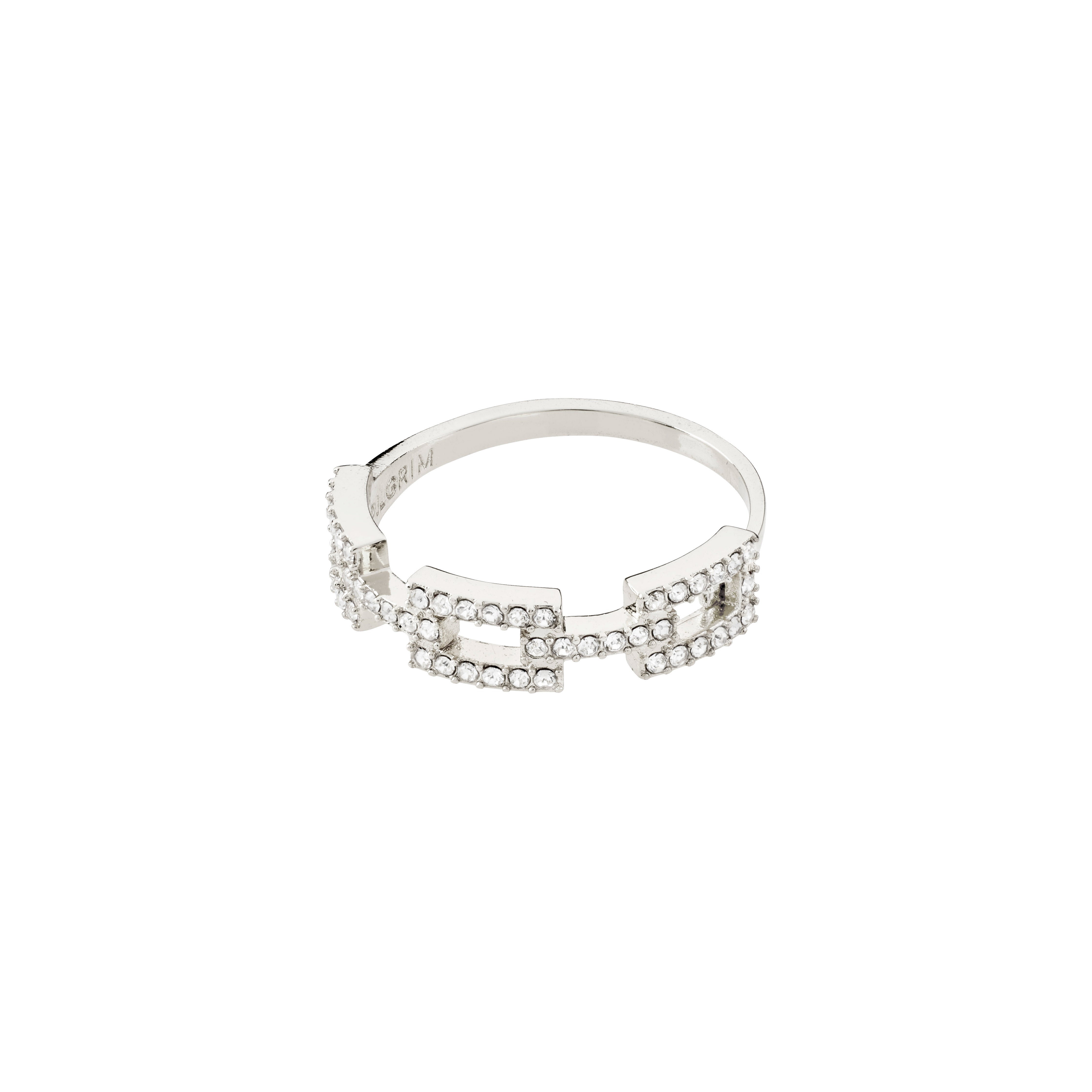 COBY crystal ring silver-plated with rectangular links and sparkling Preciosa crystals, showcasing Pilgrim's blend of classic design and Scandinavian craftsmanship.
