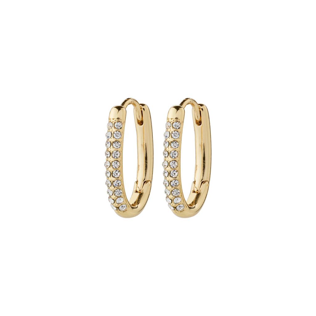 AMIRI gold-plated hoop earrings with sparkling Preciosa crystals, featuring an easy click clasp, crafted from 94% recycled materials for a stylish, sustainable choice.