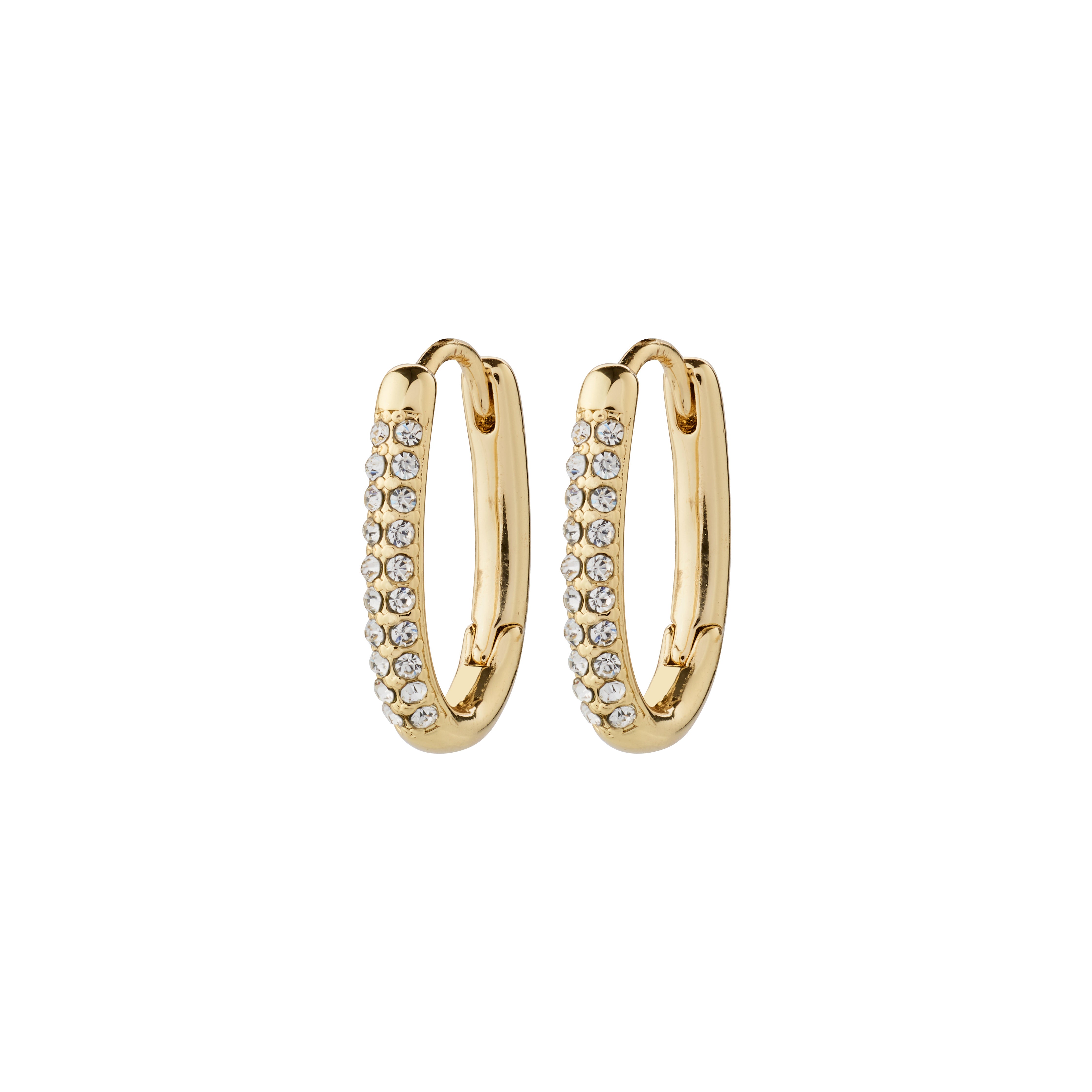 AMIRI gold-plated hoop earrings with sparkling Preciosa crystals, featuring an easy click clasp, crafted from 94% recycled materials for a stylish, sustainable choice.