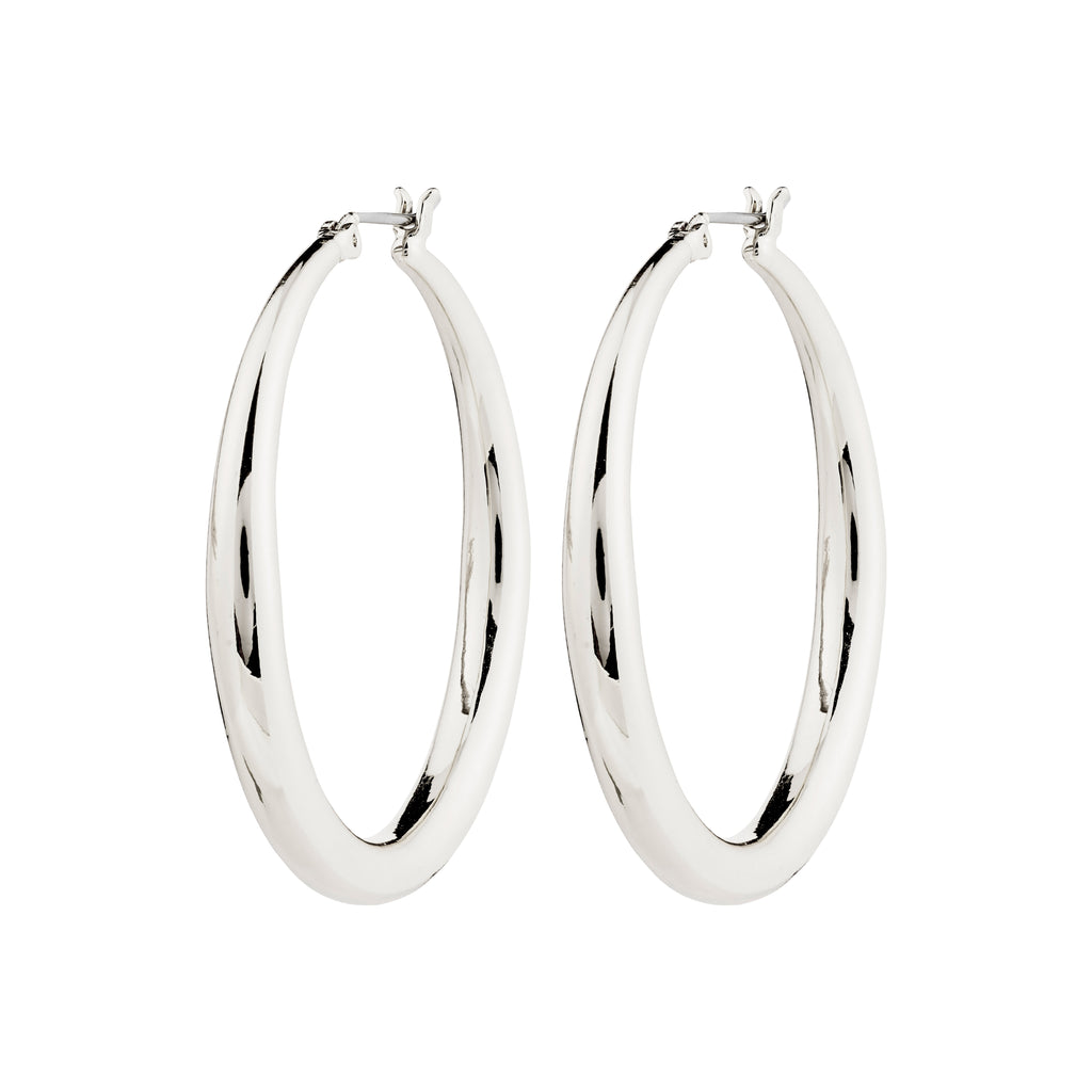 JORUN large hoop earrings, silver-plated, 40mm diameter, showcasing timeless elegance and sustainable craftsmanship in a classic design perfect for versatile styling.
