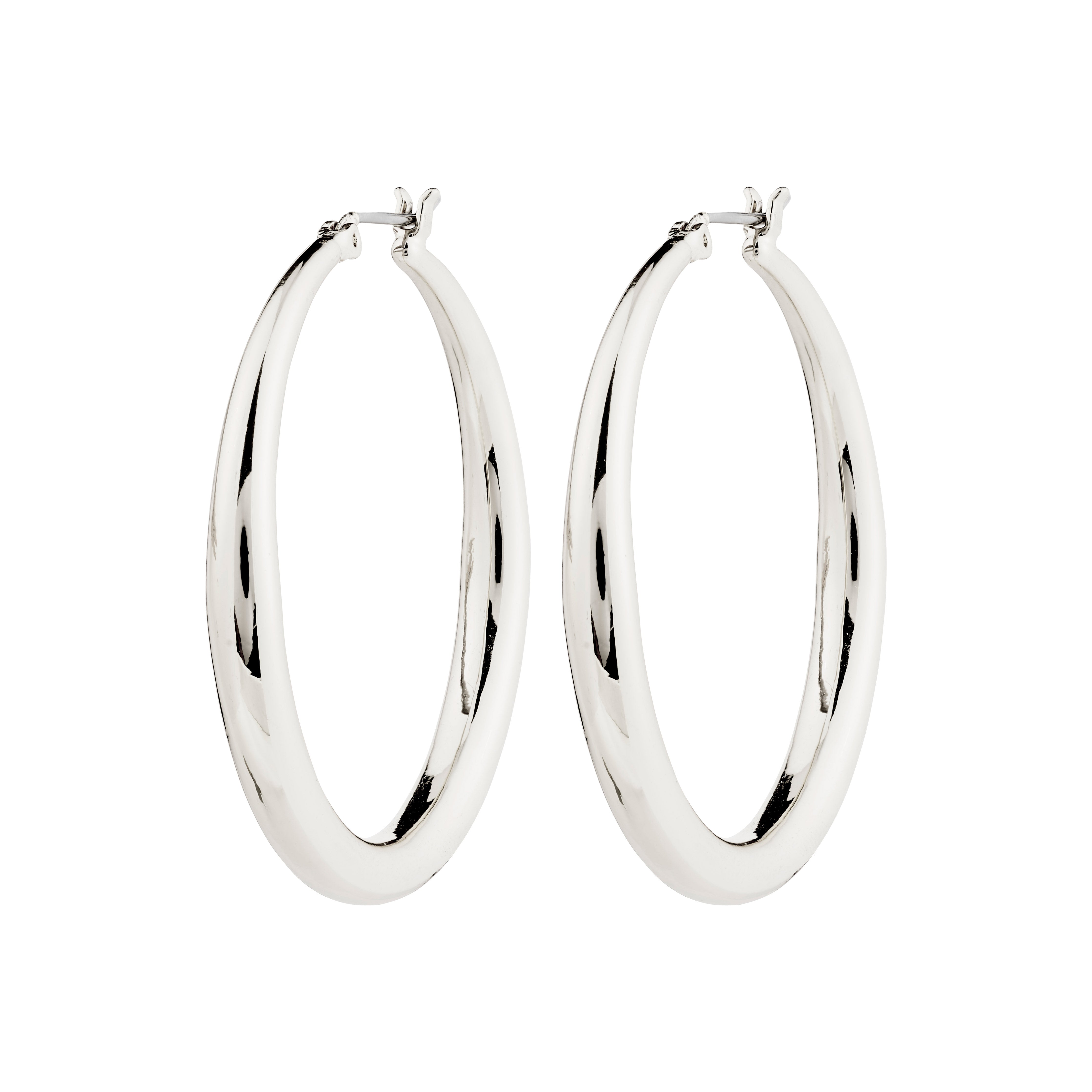 JORUN large hoop earrings, silver-plated, 40mm diameter, showcasing timeless elegance and sustainable craftsmanship in a classic design perfect for versatile styling.