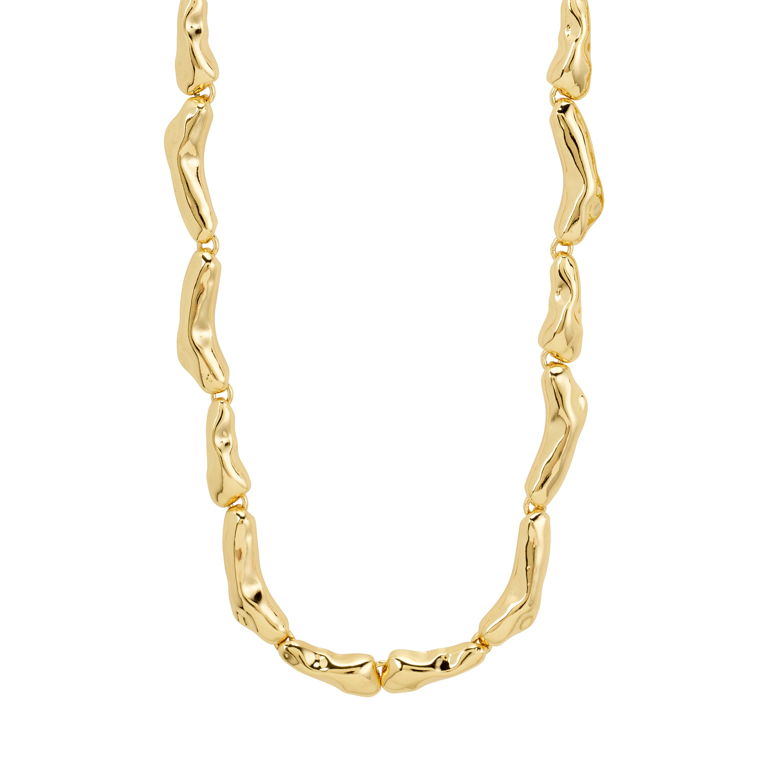 Gold-plated HARRISON necklace with puffy, irregular links, inspired by organic forms. Features a 38 cm length with a 12 cm extension, crafted from recycled materials.