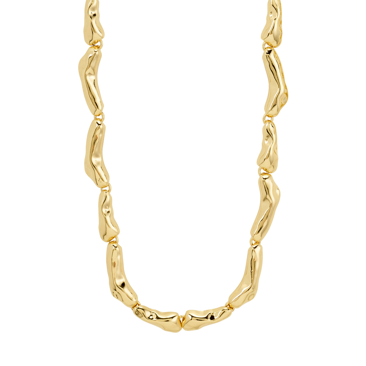 Gold-plated HARRISON necklace with puffy, irregular links, inspired by organic forms. Features a 38 cm length with a 12 cm extension, crafted from recycled materials.