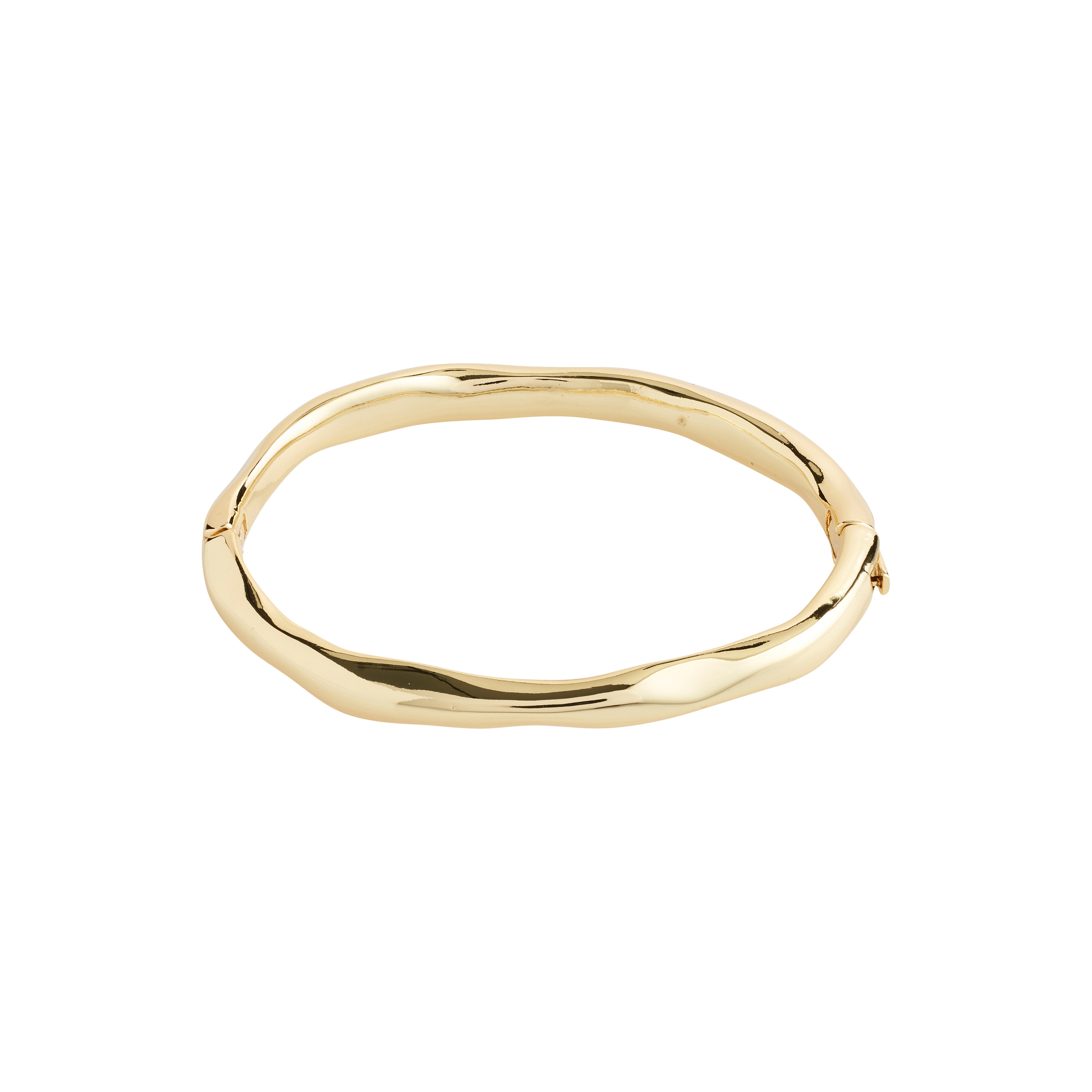 Gold-plated HARRISON bangle by Pilgrim, featuring a wavy, Scandinavian design. Made from 99% recycled material with a click clasp for easy wear.