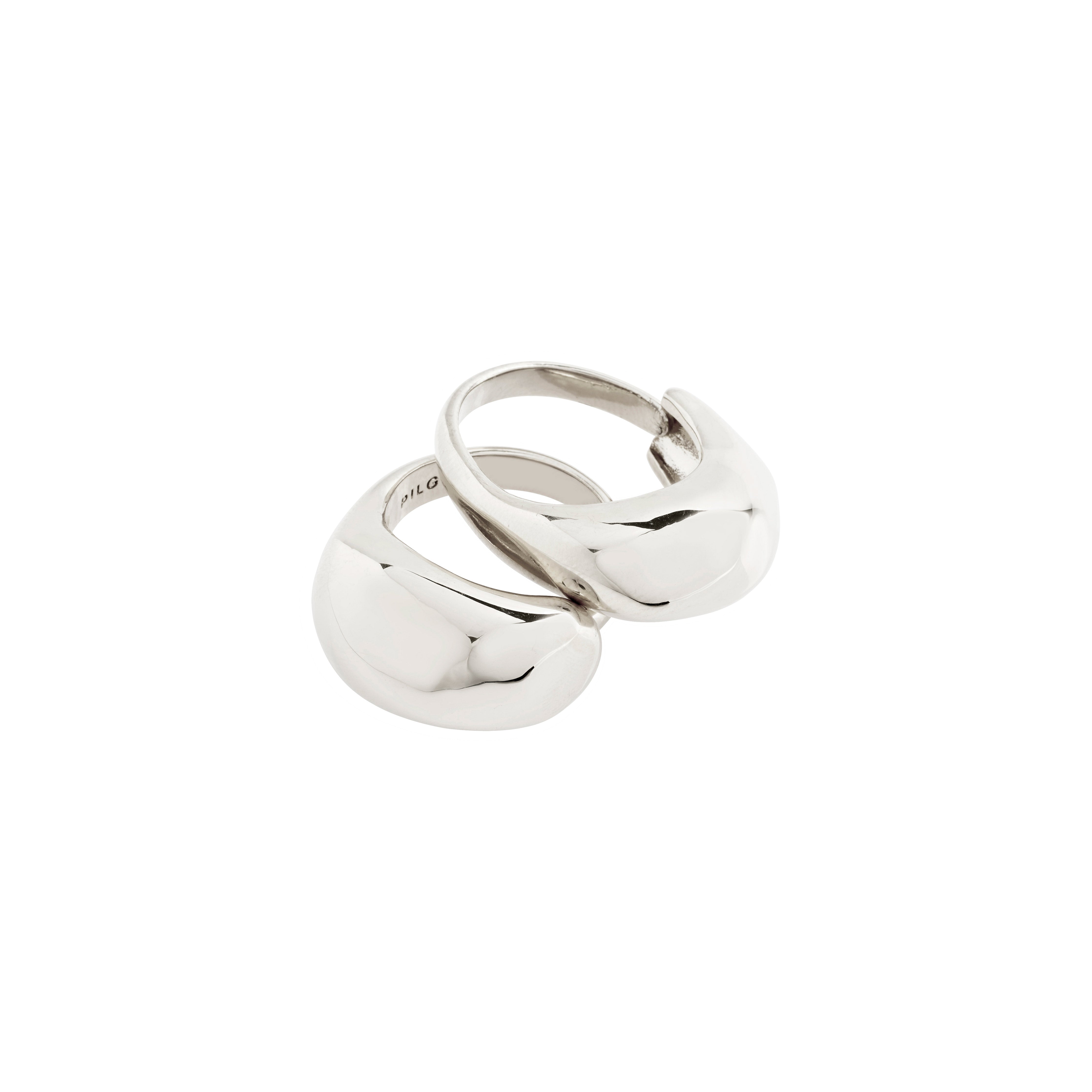 Two silver-plated HARRISON rings from Pilgrim, featuring a chunky, shiny design, adjustable for a stacked or individual look, made with 99% recycled material.