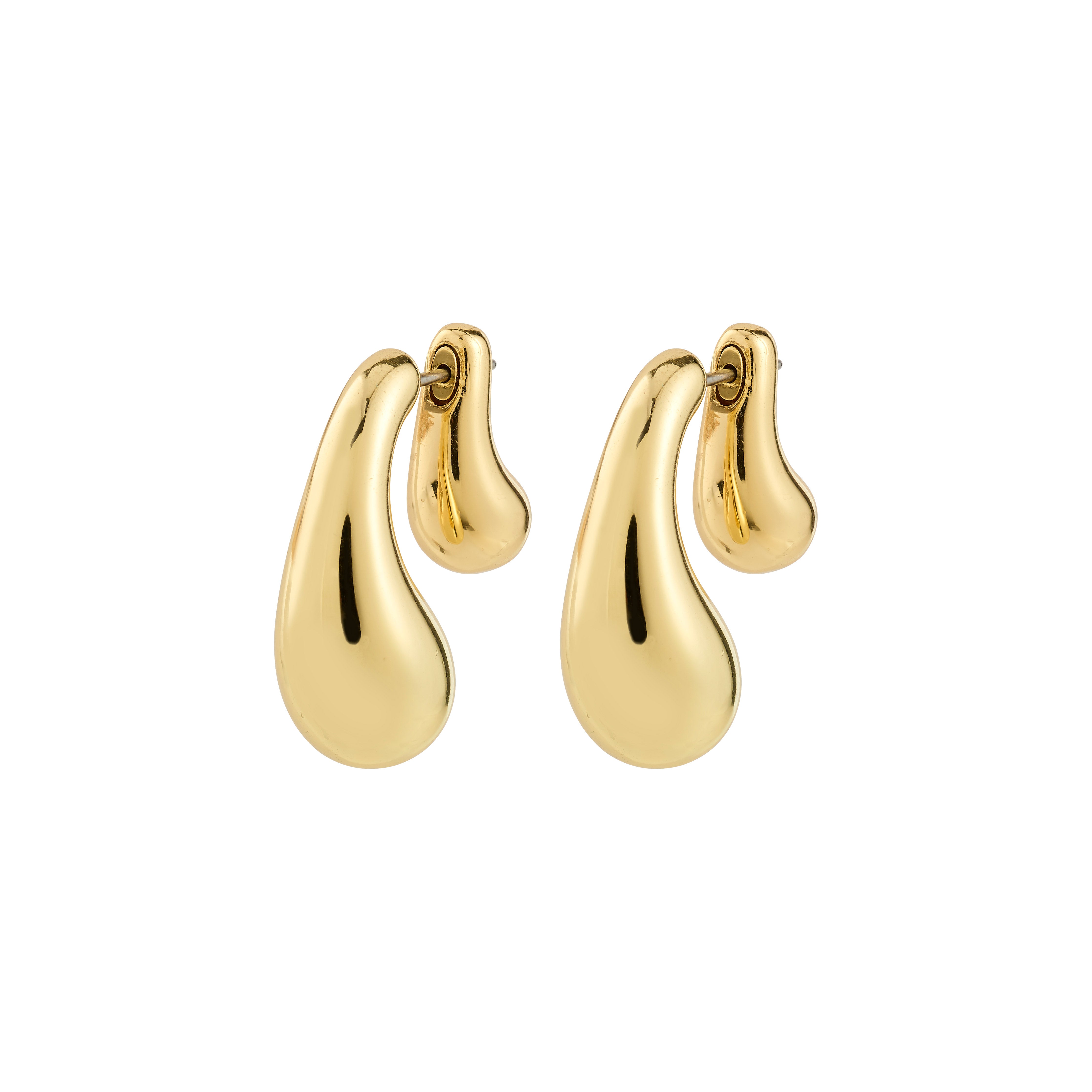 Gold-plated JENNINGS earrings by Pilgrim, featuring fluid, teardrop shapes resembling molten metal, creating a bold, sculptural 3D effect.