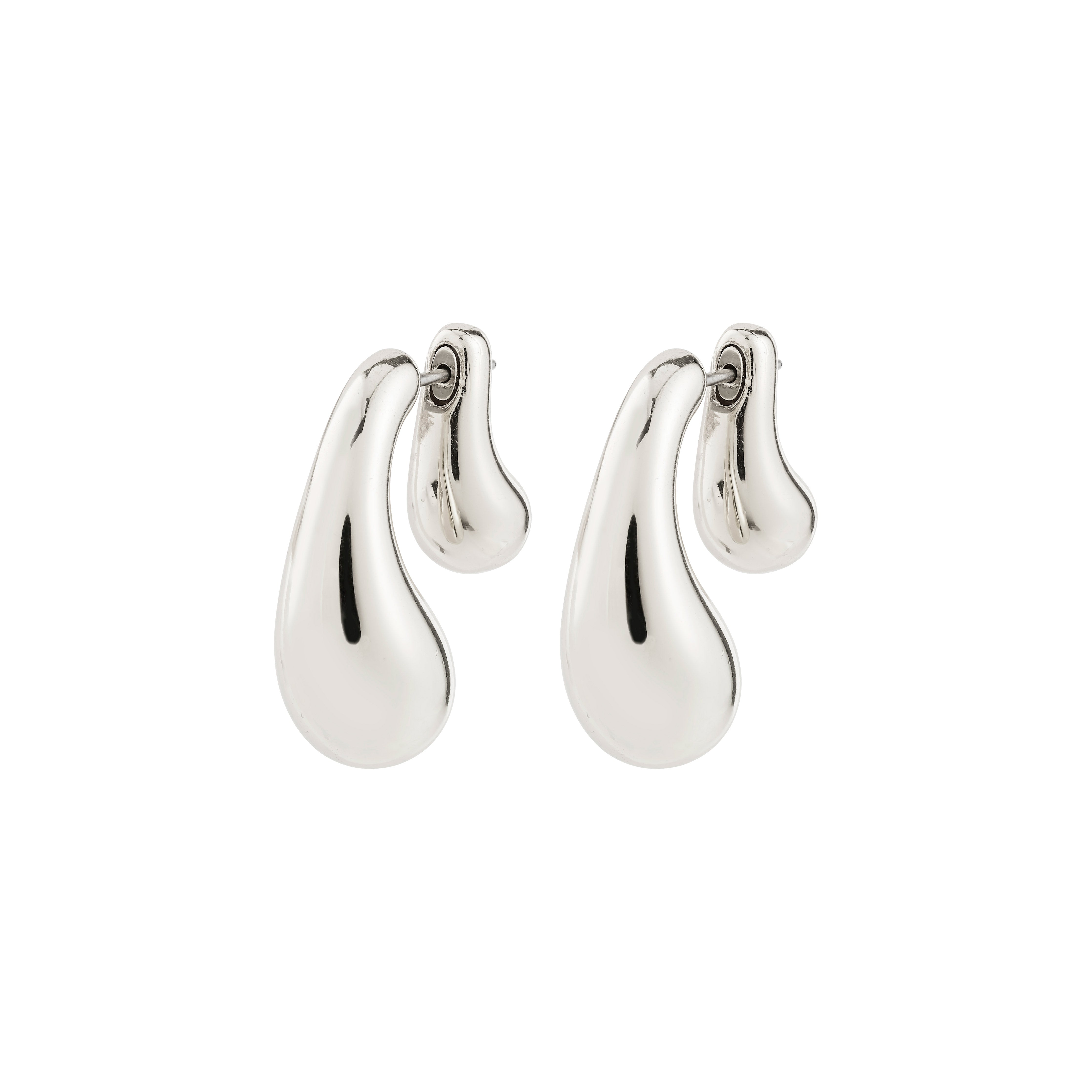 JENNINGS earrings silver-plated, featuring sculptural liquid-droplet design with rounded and elongated teardrop shapes, offering a unique, reflective, and statement-making accessory.