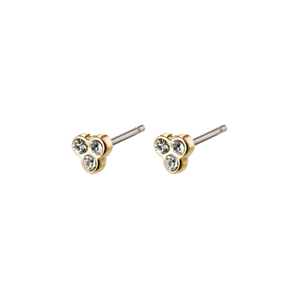 CAILY gold-plated crystal earrings with three clear crystals arranged in a bouquet, capturing light elegantly for a sophisticated and feminine look.
