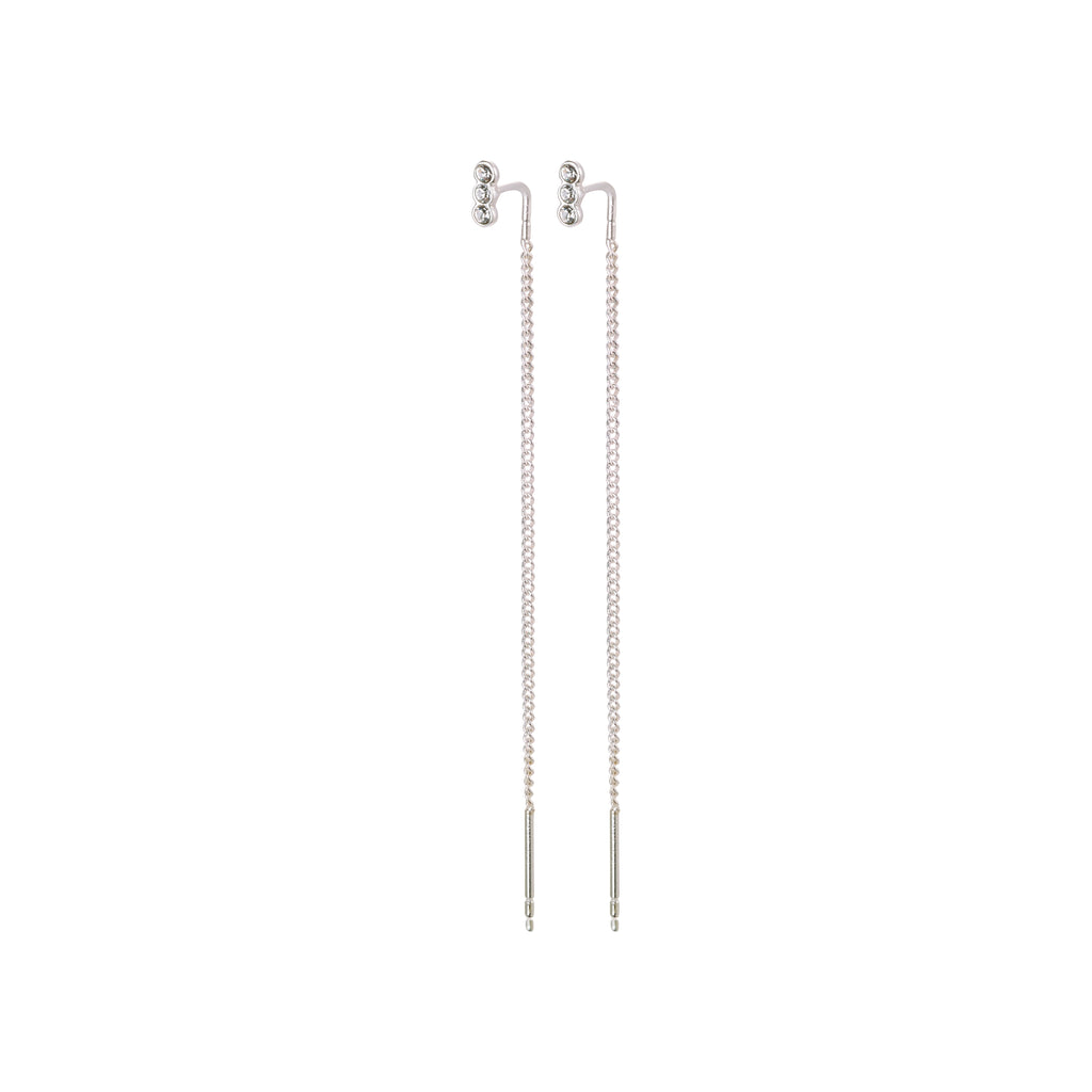 TITIANA crystal earrings silver-plated, featuring three clear crystals and long delicate chains, designed to elegantly sway under the ear.