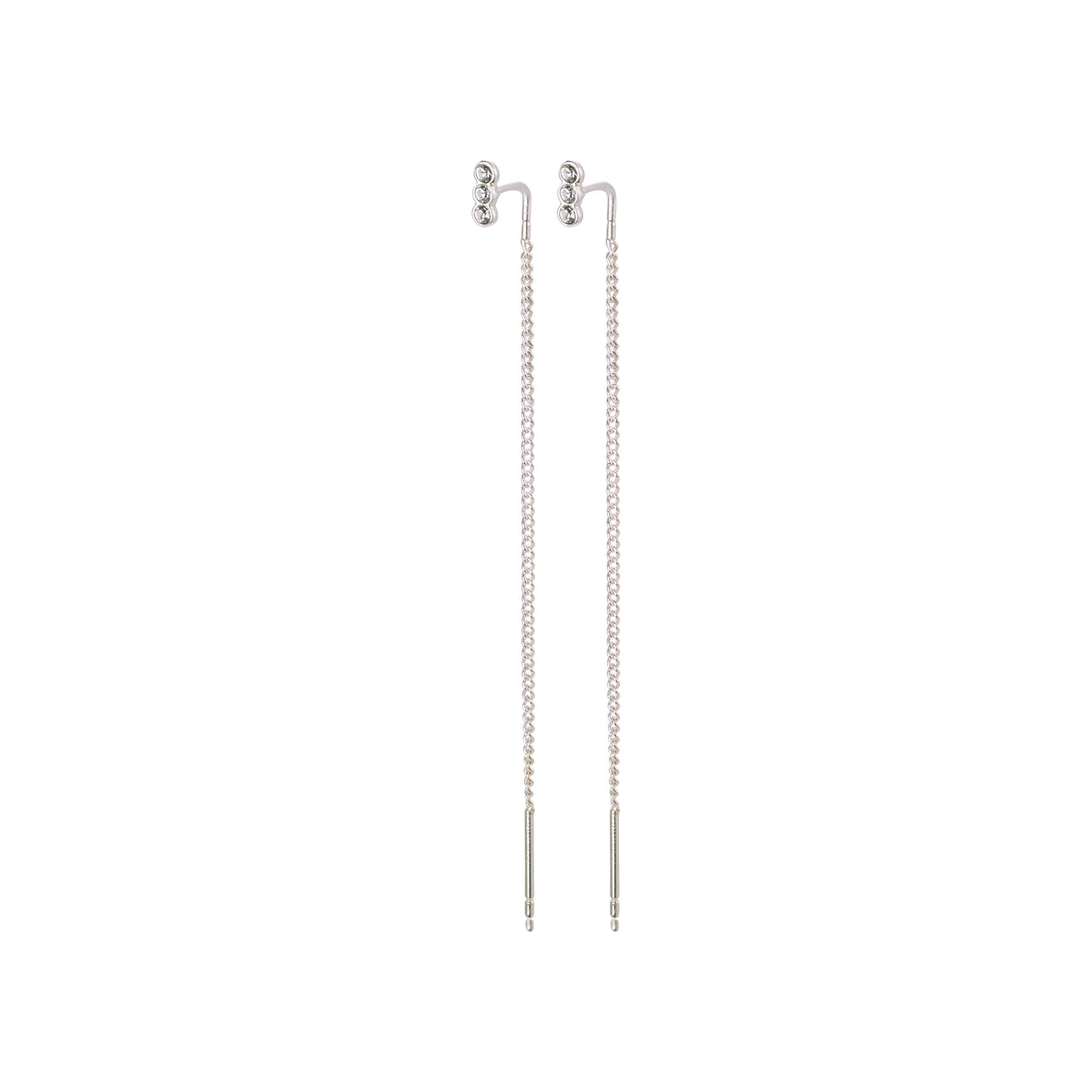 TITIANA crystal earrings silver-plated, featuring three clear crystals and long delicate chains, designed to elegantly sway under the ear.