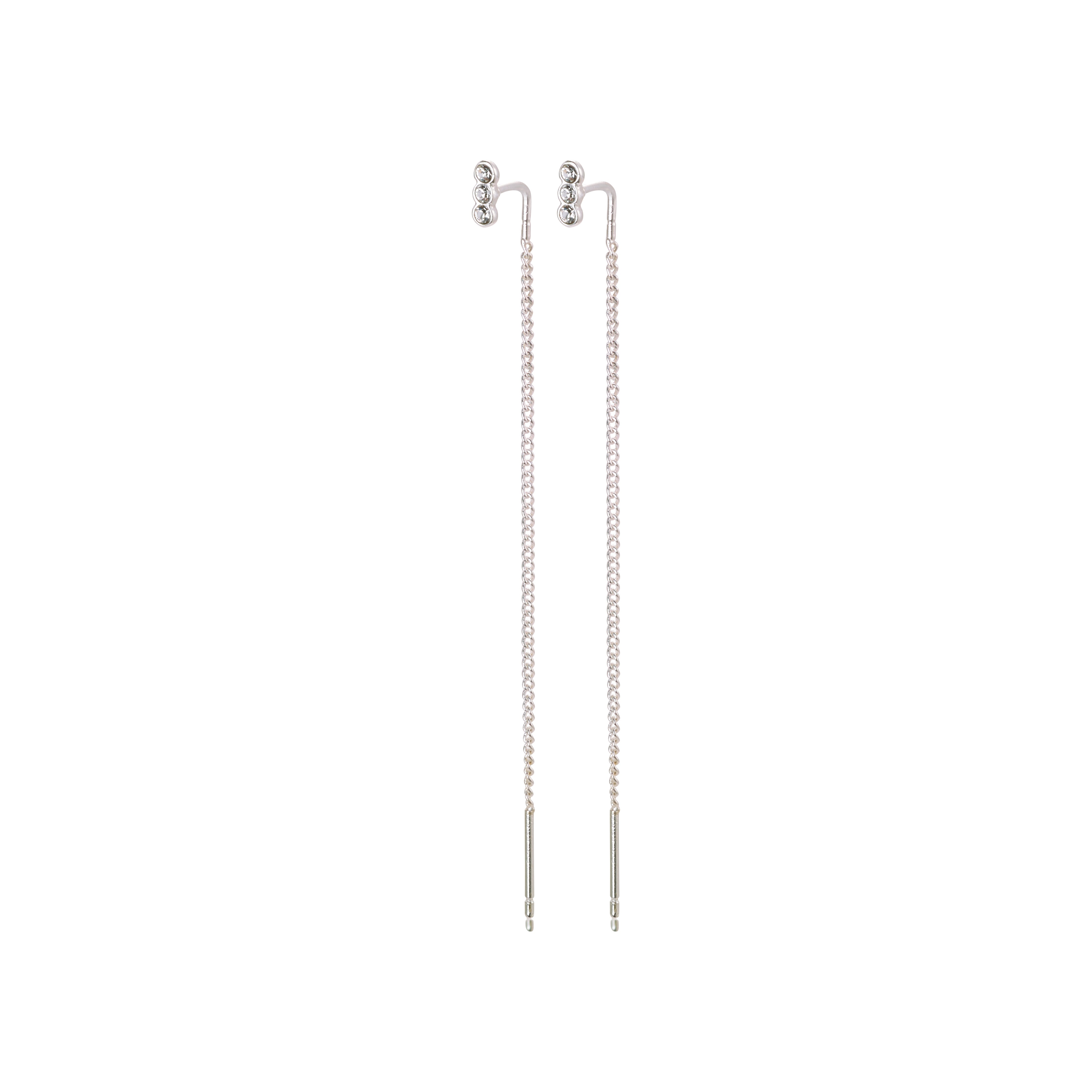 TITIANA crystal earrings silver-plated, featuring three clear crystals and long delicate chains, designed to elegantly sway under the ear.