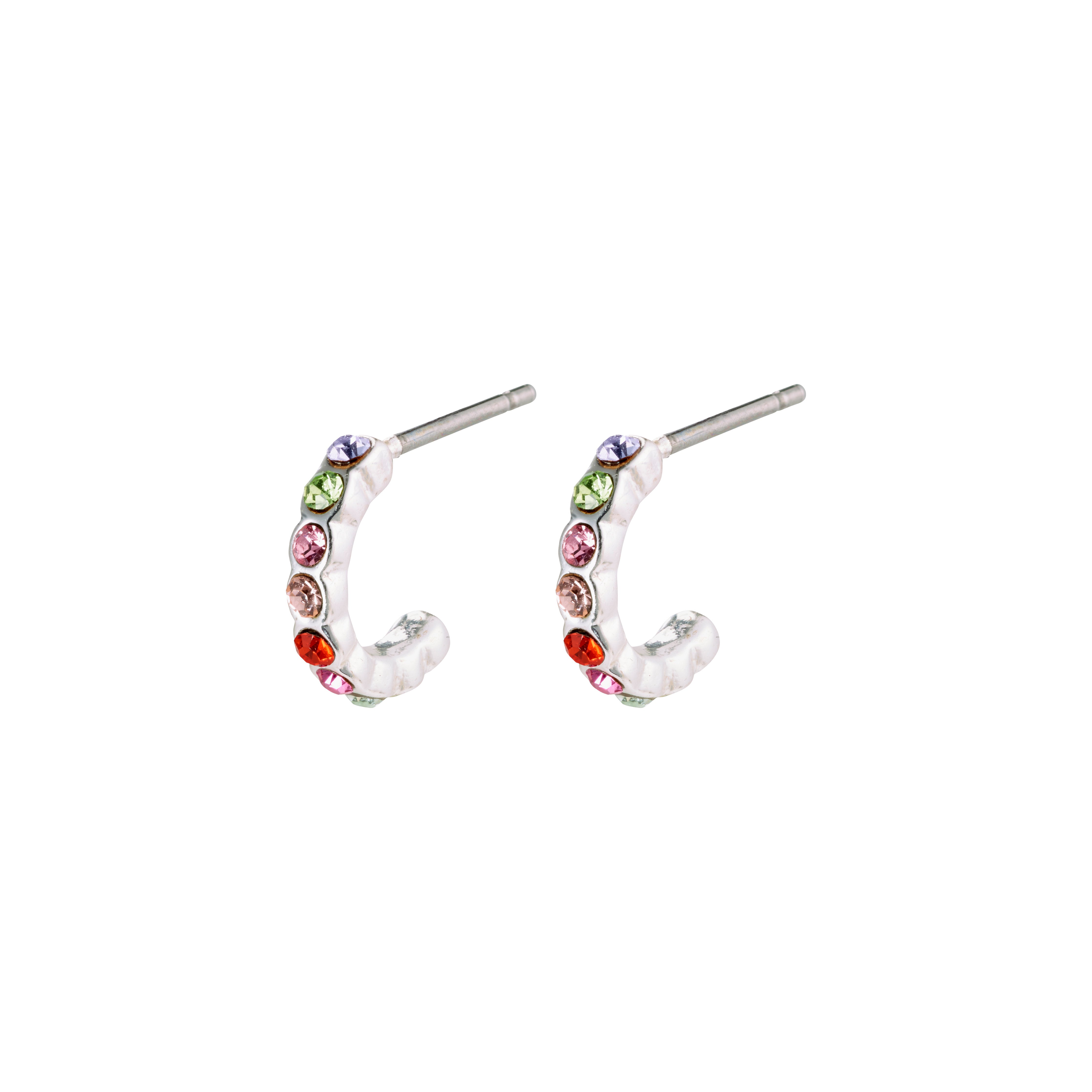 BRIGITTE multicolored crystal half hoops, silver-plated, featuring sparkling crystals with undulating edges for a classic, glamorous touch, perfect for a chic, youthful style.