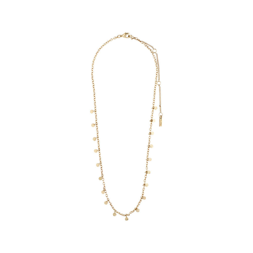PANNA coin necklace gold-plated, featuring small round polished pendants on a delicate 40 cm chain with a 9 cm extension, inspired by classic exotic jewellery.