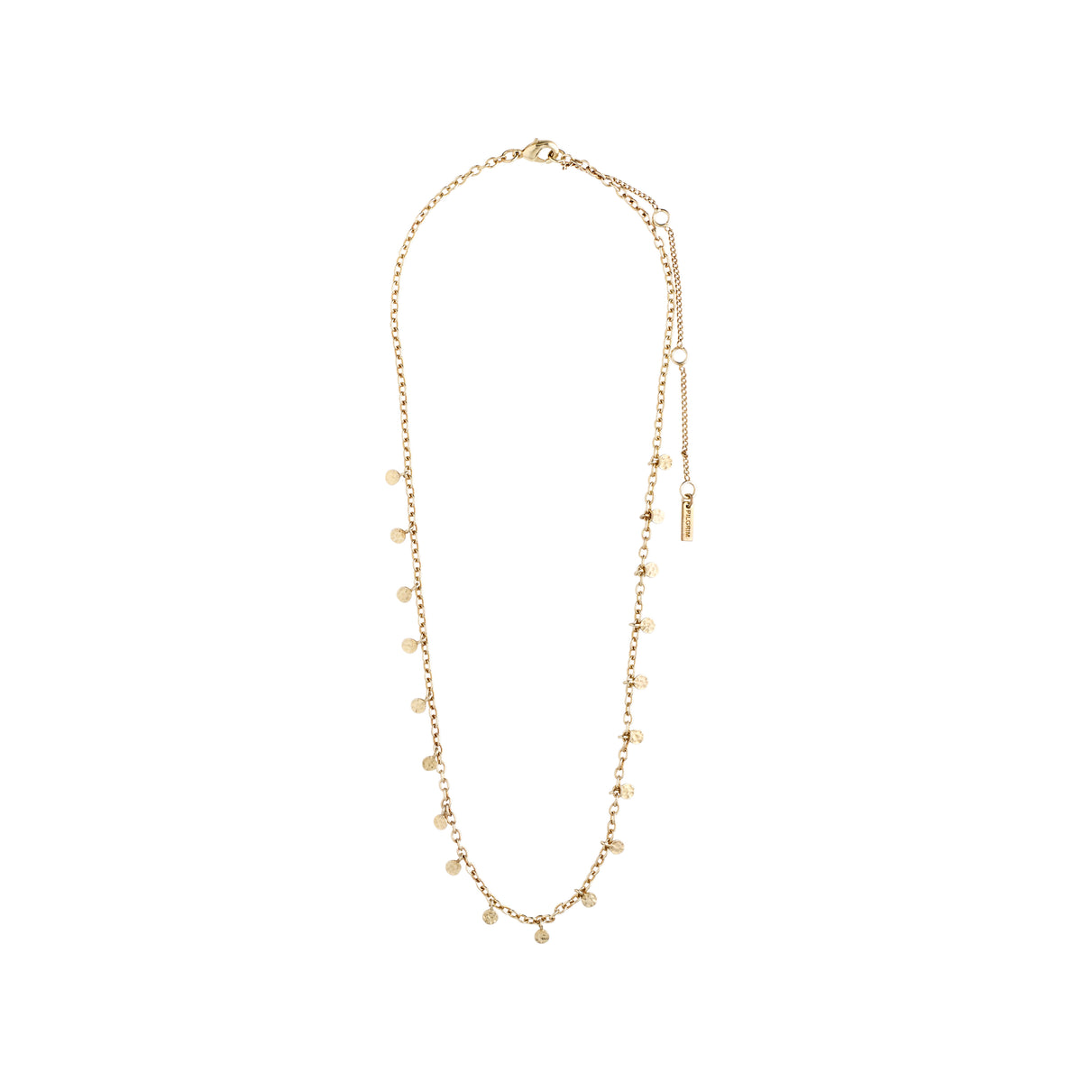 PANNA coin necklace gold-plated, featuring small round polished pendants on a delicate 40 cm chain with a 9 cm extension, inspired by classic exotic jewellery.