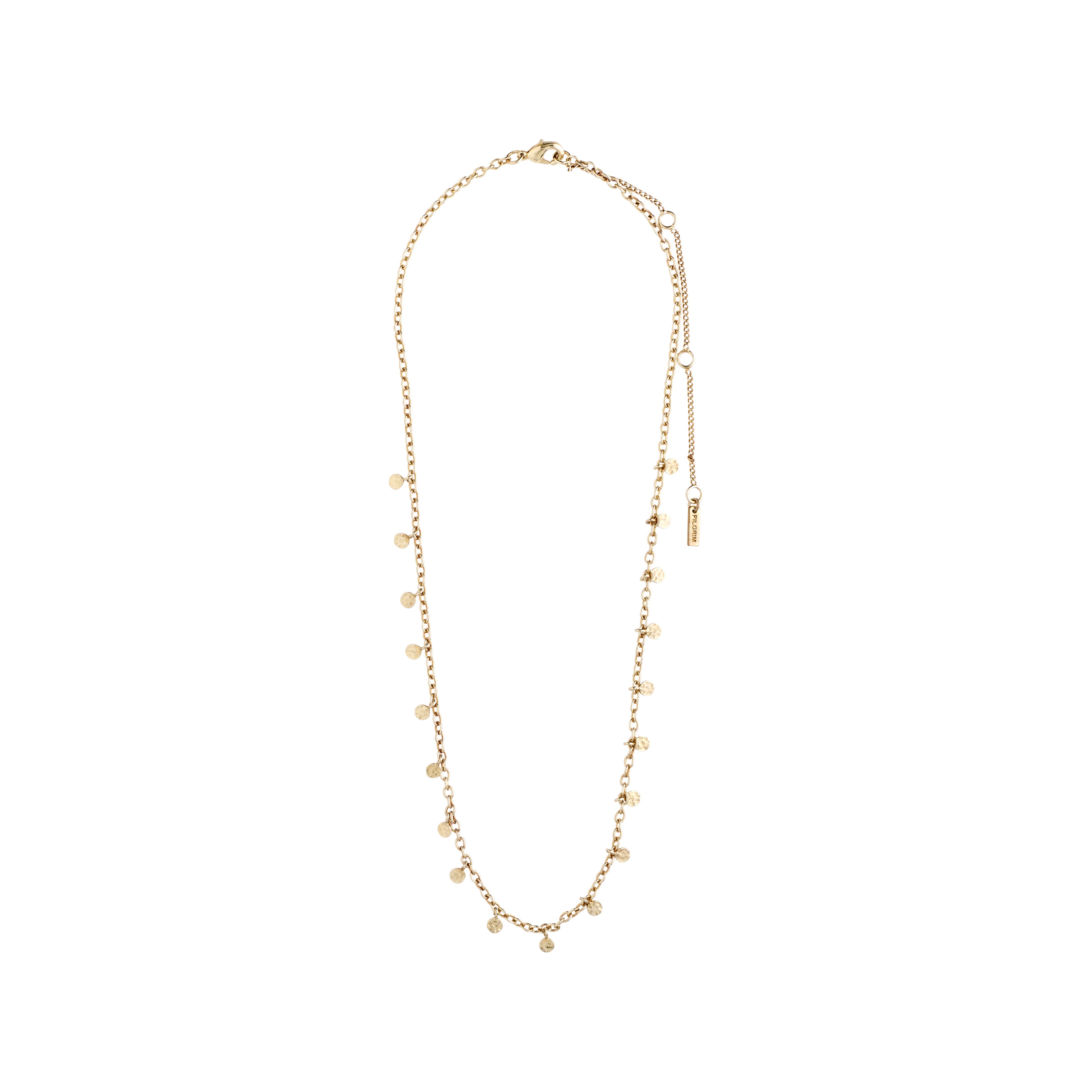 PANNA coin necklace gold-plated, featuring small round polished pendants on a delicate 40 cm chain with a 9 cm extension, inspired by classic exotic jewellery.