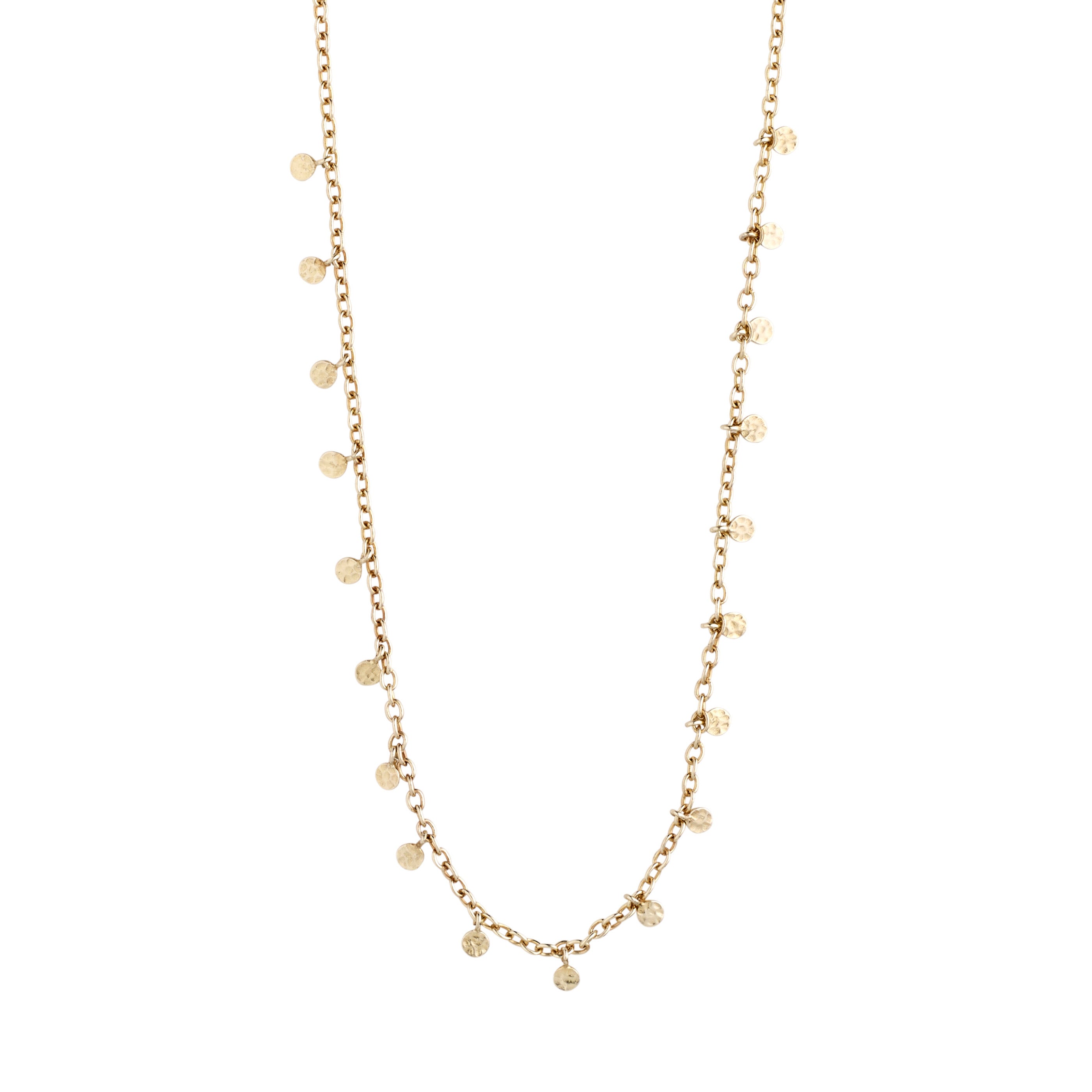Gold-plated PANNA coin necklace with small round polished pendants along a delicate chain, inspired by classic exotic jewellery.