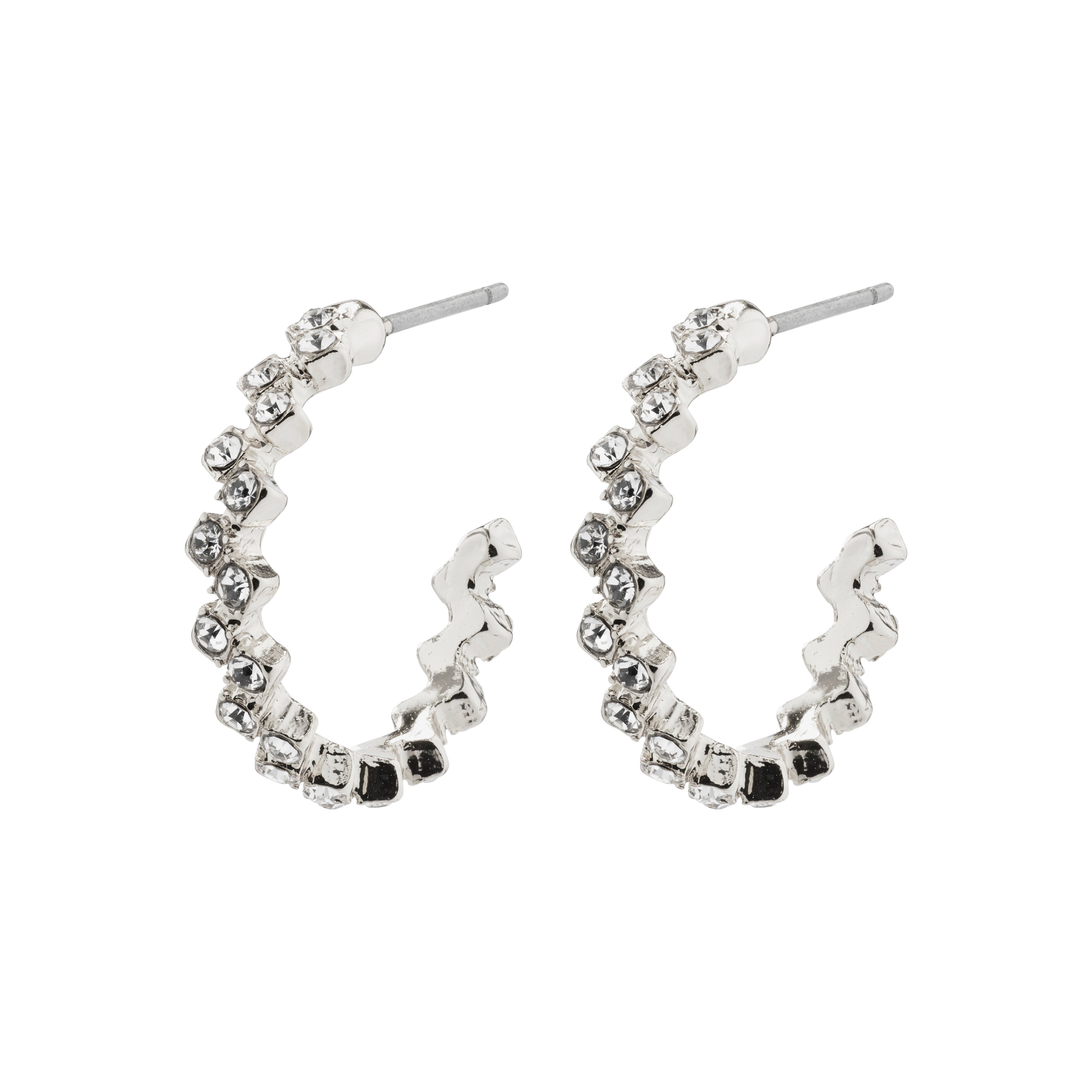 JOLENE wavy crystal hoop earrings, silver-plated, featuring a raw, squared design with elegant Preciosa crystals, reflecting an urban and high-class style.
