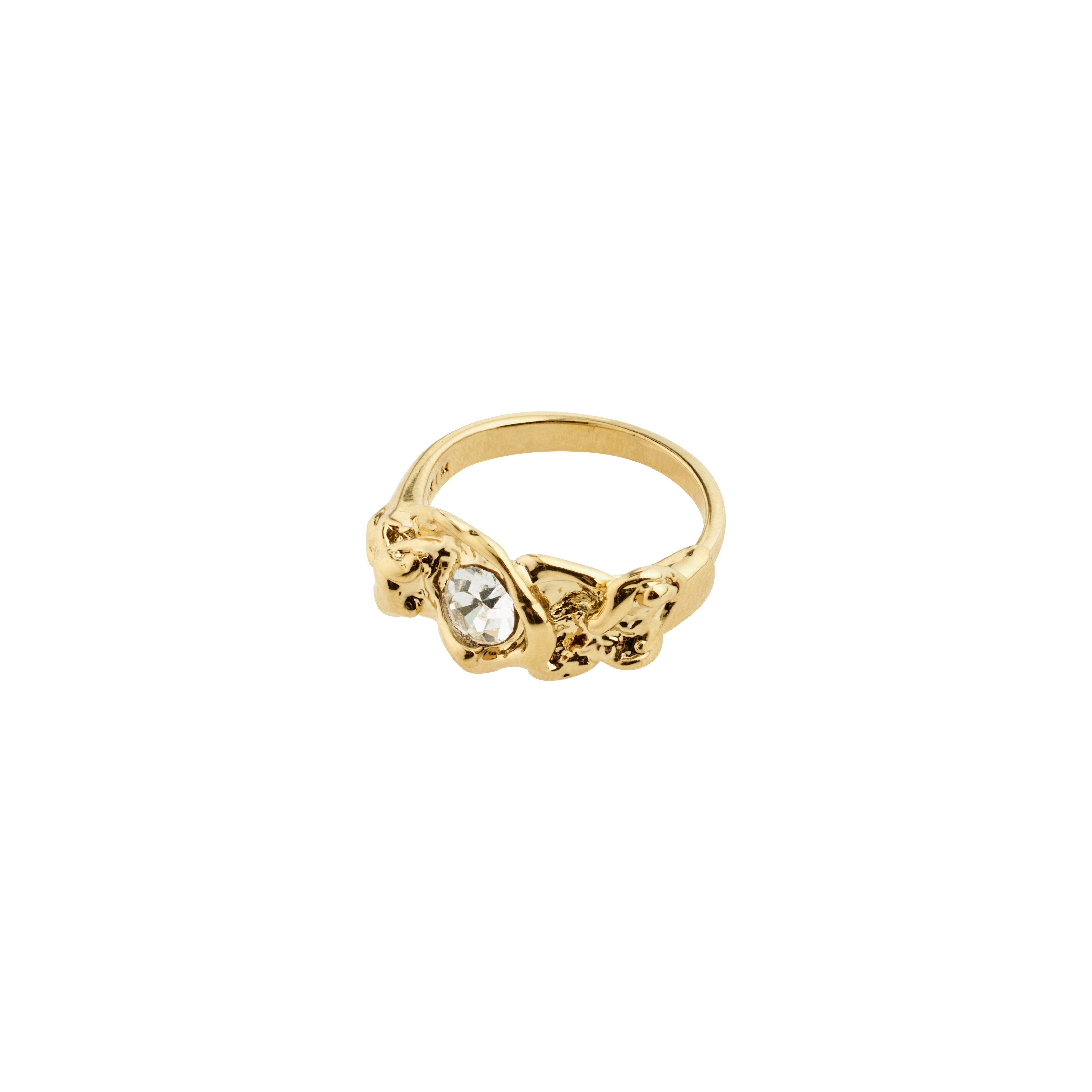 TINA organic shape crystal ring gold-plated features a large central diamond, inspired by nature's forms, part of Pilgrim's eco-conscious recycled collection.