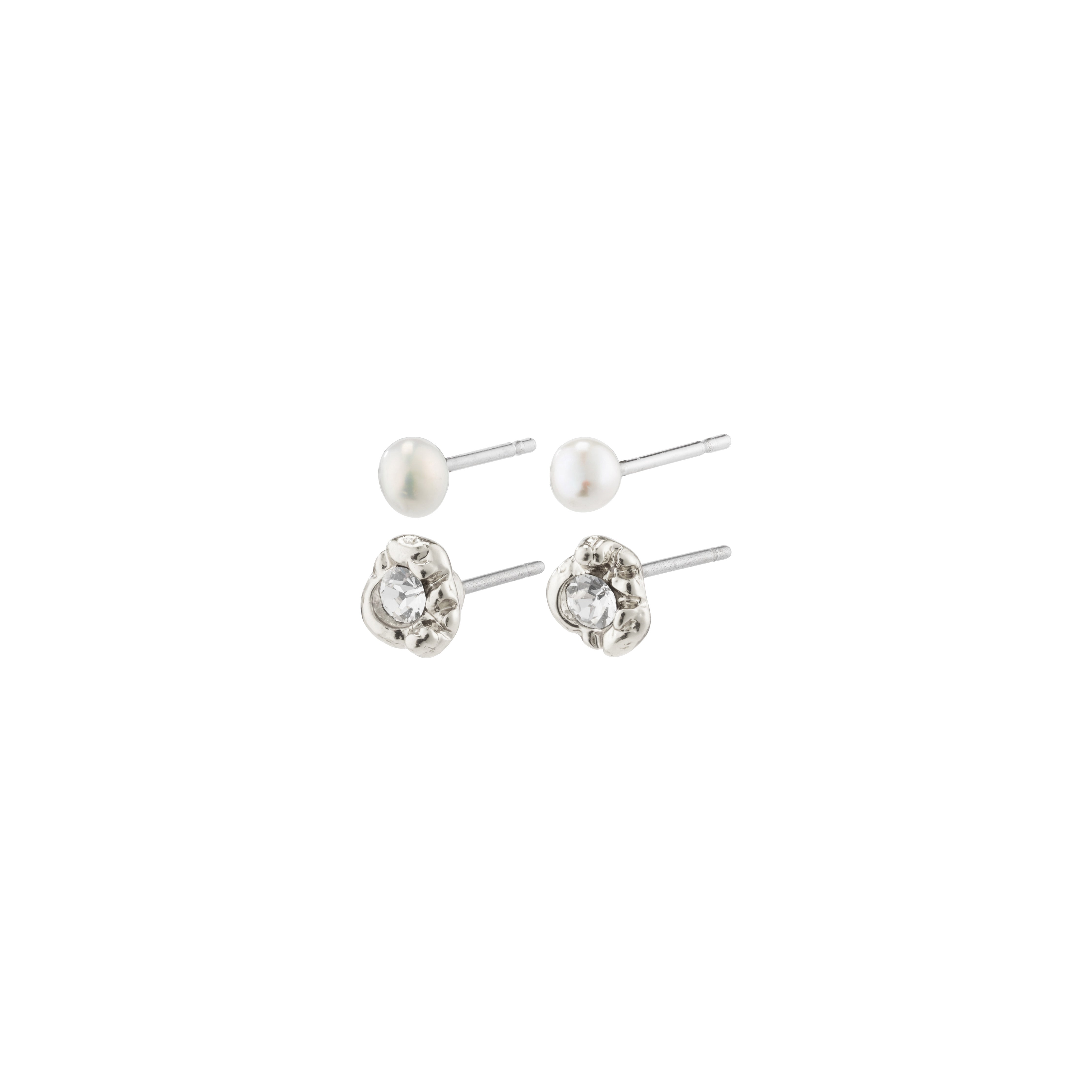 TINA crystal & pearl studs, silver-plated, featuring a mix of Preciosa crystals and pearls, part of Pilgrim's eco-friendly collection, ideal for a trendy ear curation look.