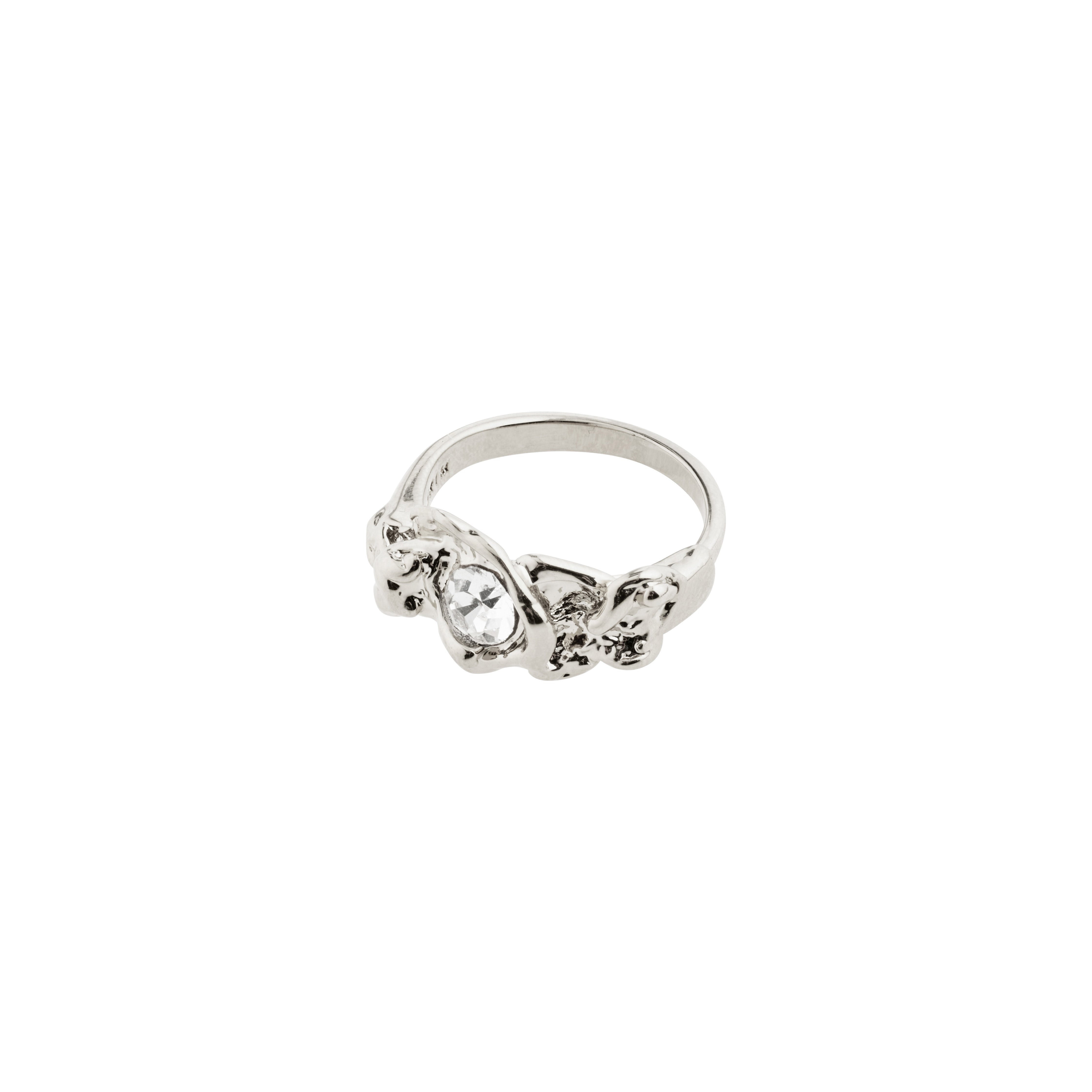 Silver-plated TINA organic-shaped ring with Preciosa crystal, showcasing a handcrafted design. Part of Pilgrim's eco-friendly collection, emphasizing elegance and sustainability.