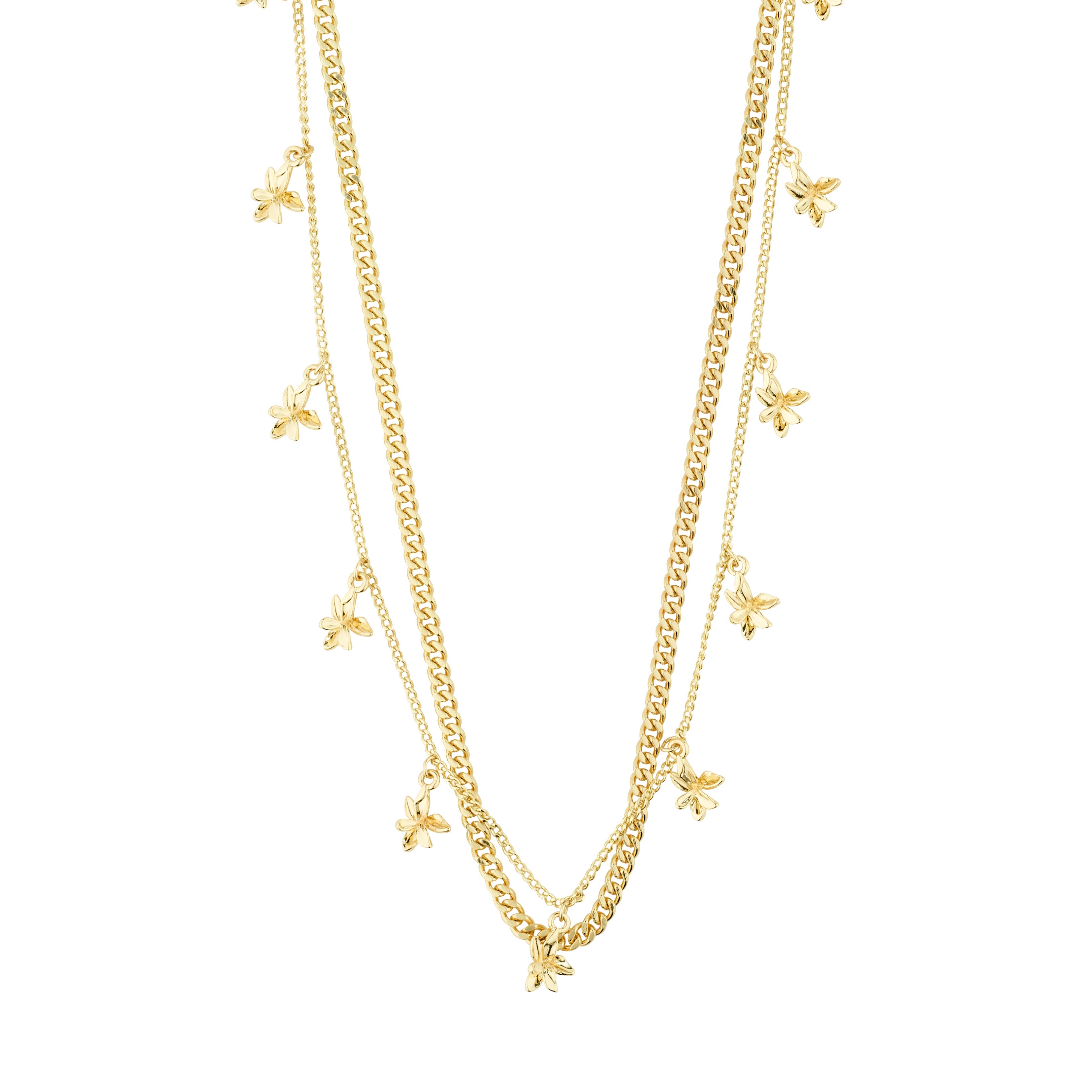 RIKO necklaces, 2-in-1 set, gold-plated, featuring a slim curb chain and a nature-inspired flower pendant chain, perfect for layered styling.