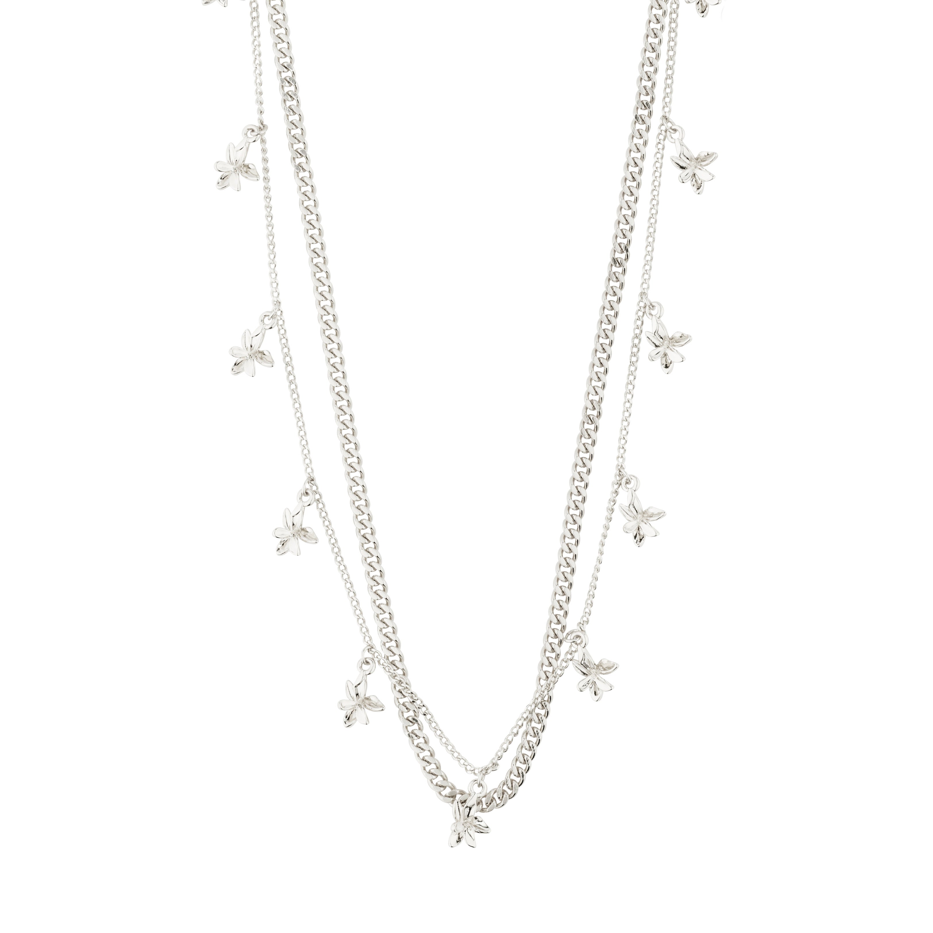 RIKO necklaces, 2-in-1 set, silver-plated, featuring a slim curb chain and a shorter chain adorned with silver flower and butterfly pendants.
