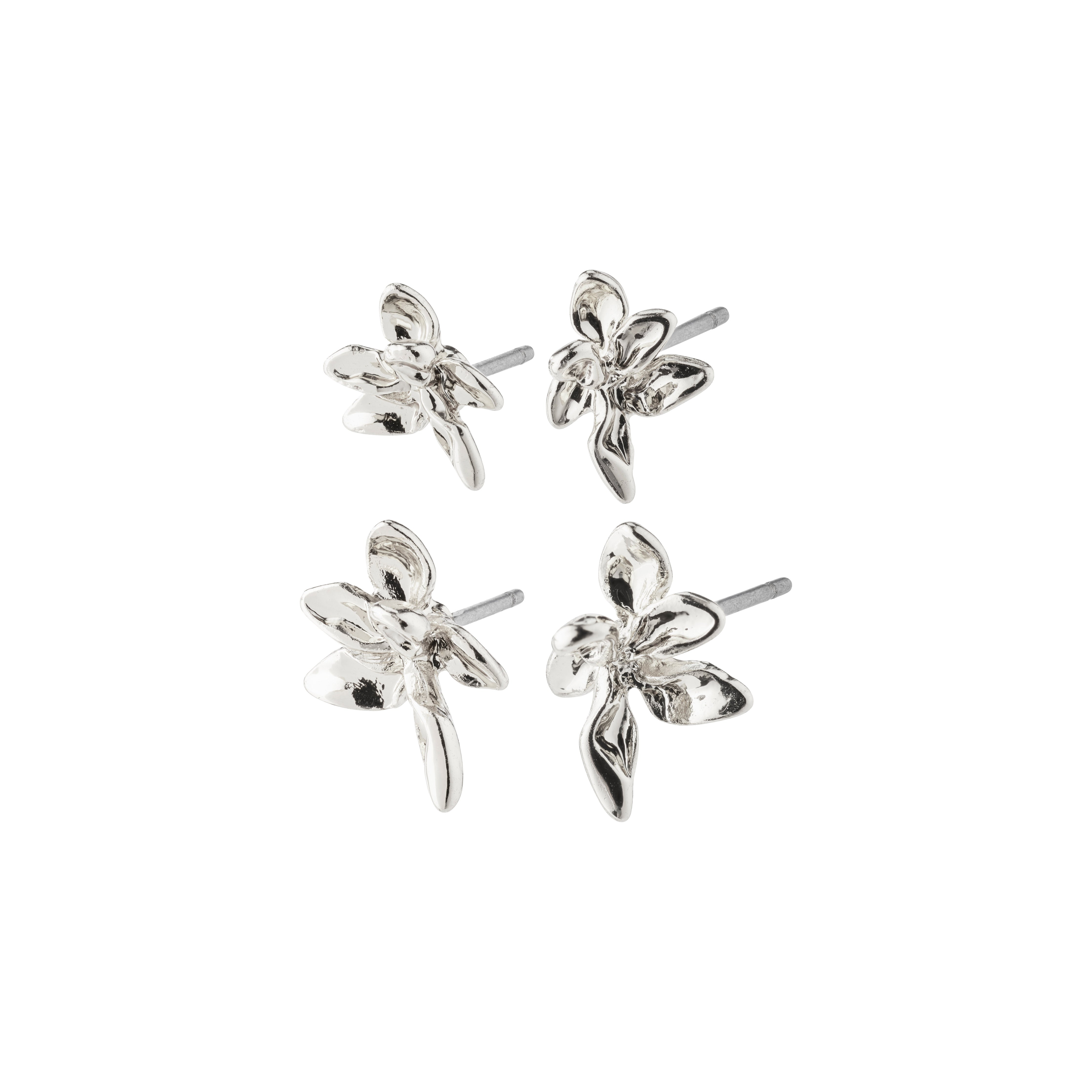 RIKO earrings, 2-in-1 set, feature silver-plated, nature-inspired studs, showcasing organic, intricate flower shapes, blending sophistication and Scandinavian craftsmanship by Pilgrim.