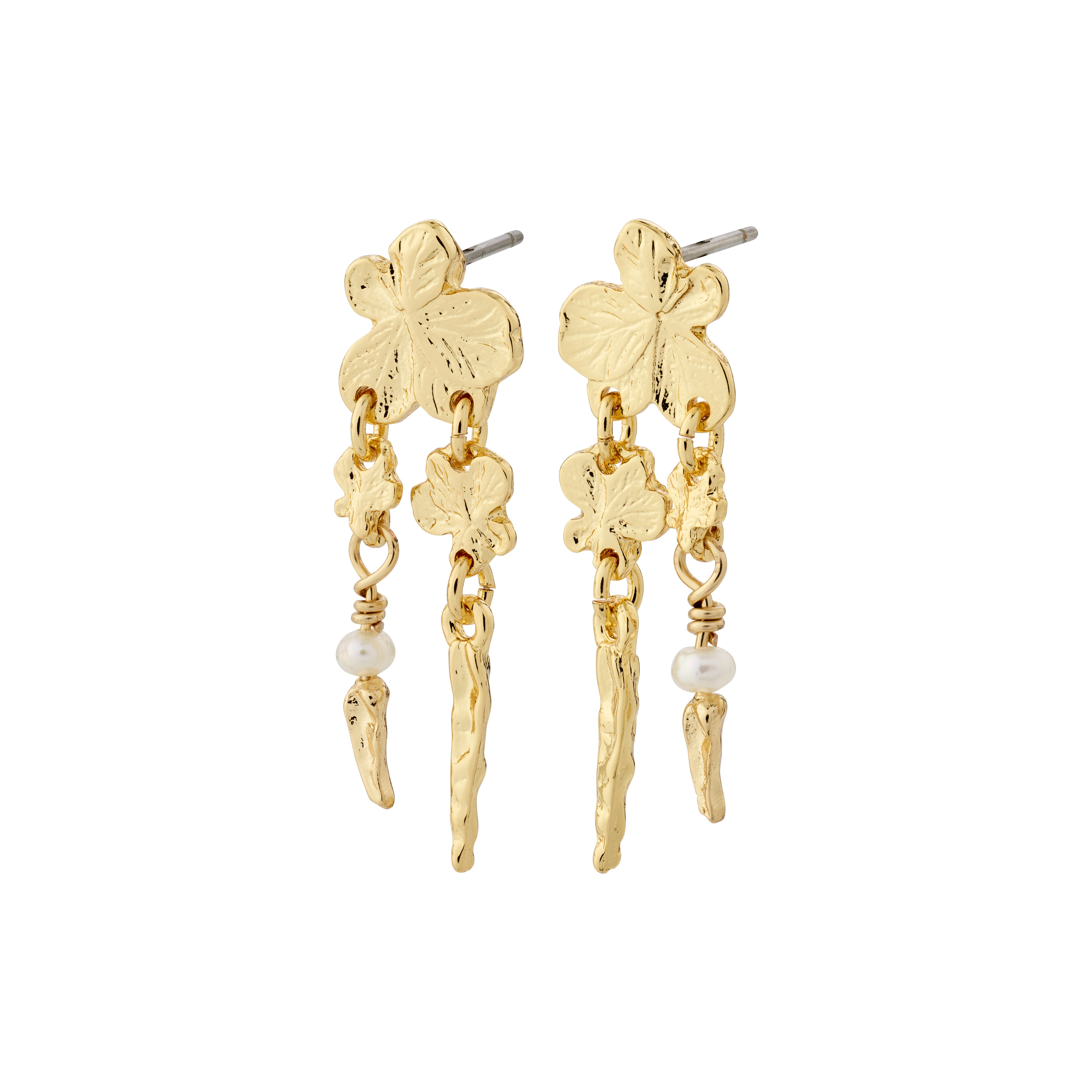 ZHURI gold-plated earrings with delicate floral motifs and a petite freshwater pearl, perfect for adding a romantic touch to any outfit.