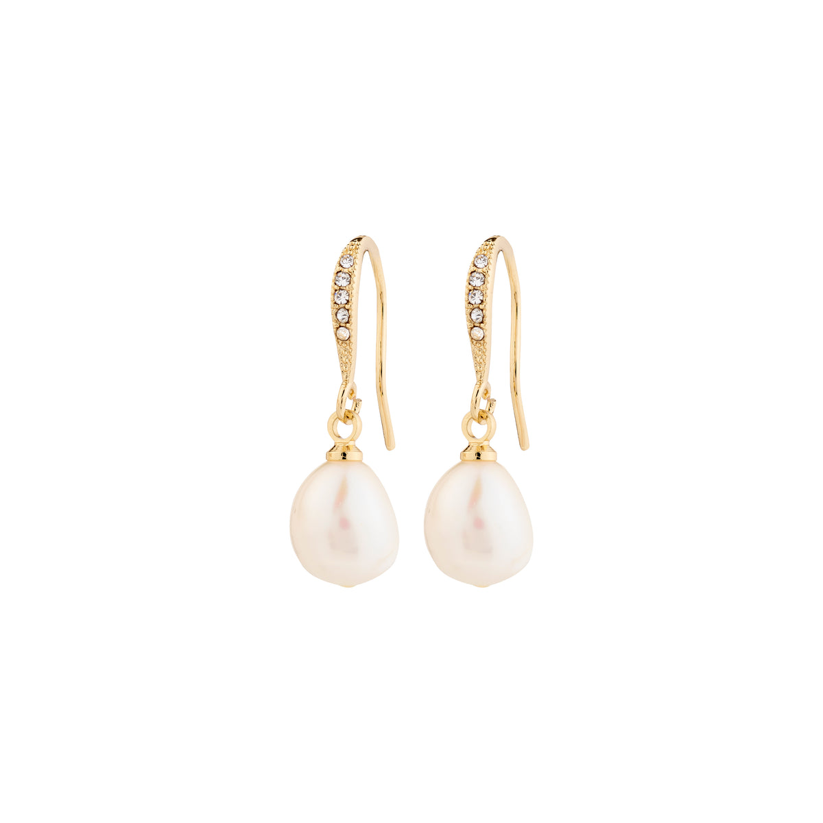 JASMIN pearl earrings, gold-plated with Preciosa crystals and freshwater pearls, offering timeless elegance and star quality from Pilgrim's trendy Danish jewelry line.