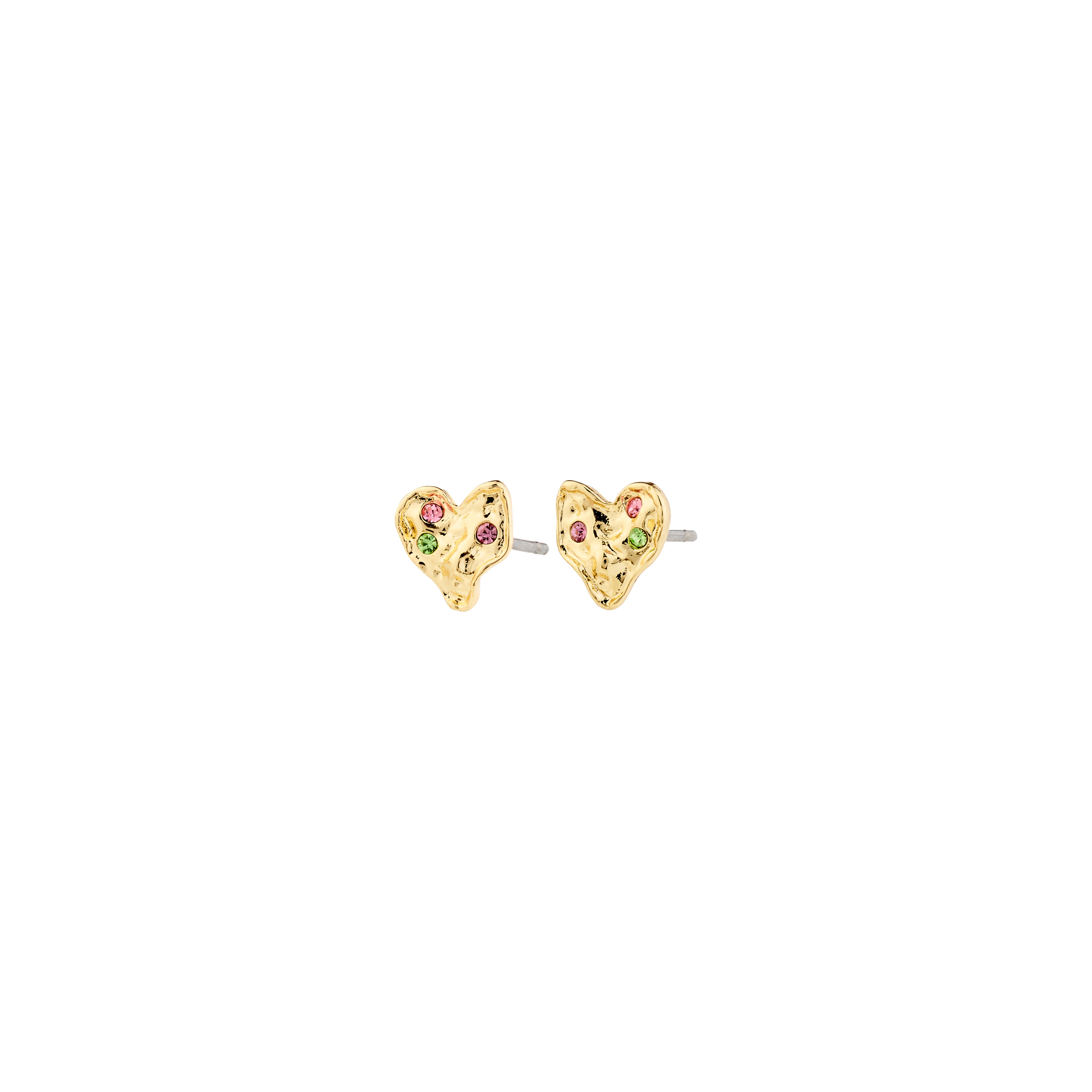 RYAN heart earrings, gold-plated, handcrafted with pink and green gems, embodying Pilgrim's blend of timeless elegance and modern style.