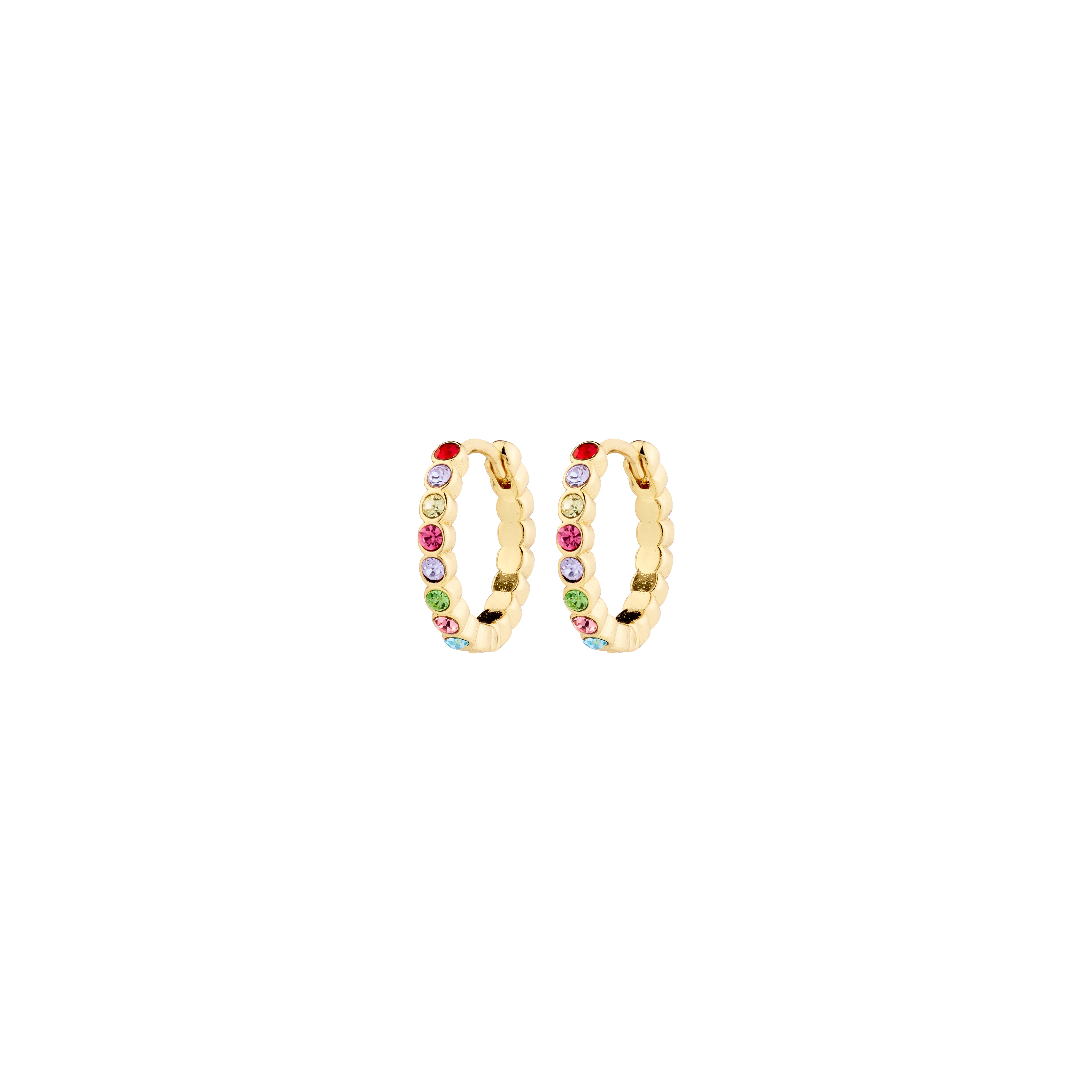 KLEOPRATRA gold-plated hoop earrings adorned with multicolored Preciosa crystals, featuring a click clasp, embodying Pilgrim's blend of timeless and trendy style.