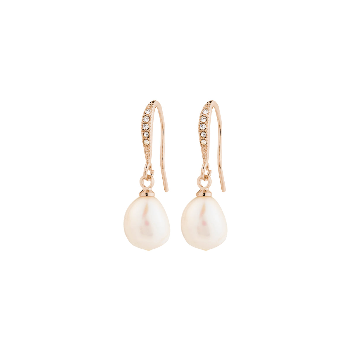 JASMIN pearl earrings in rose gold-plated hoops with sparkling Preciosa crystals and freshwater pearl pendants, showcasing Pilgrim's blend of timeless elegance and contemporary style.