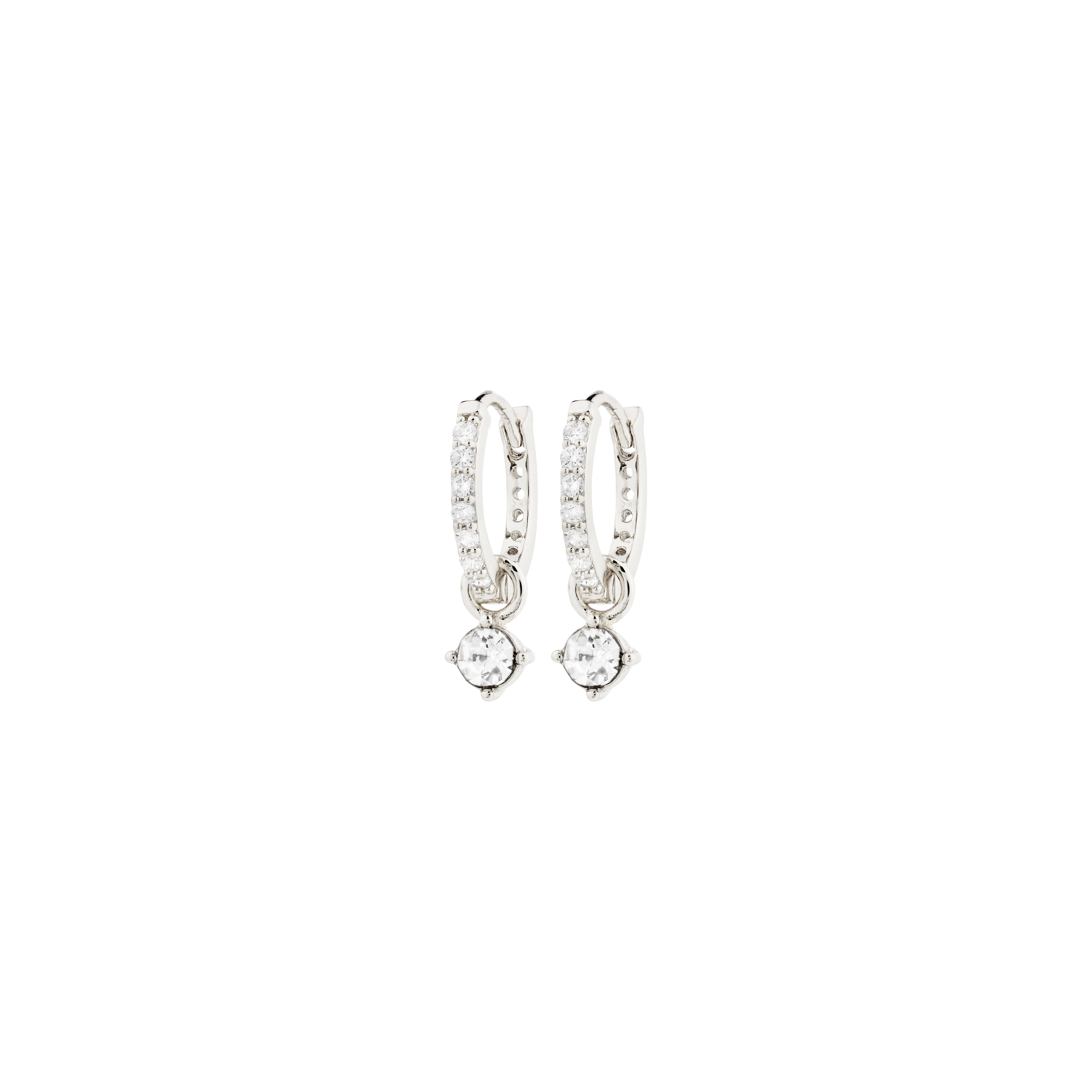 JOA crystal hoop earrings, silver-plated with Preciosa crystals, featuring a loose dewdrop pendant, designed for timeless elegance and everyday sparkle.
