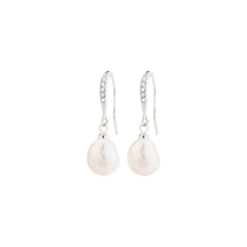 JASMIN pearl earrings silver-plated, featuring shiny hoops with sparkling Preciosa crystals and genuine freshwater pearl pendants, offering an elegant and timeless design.