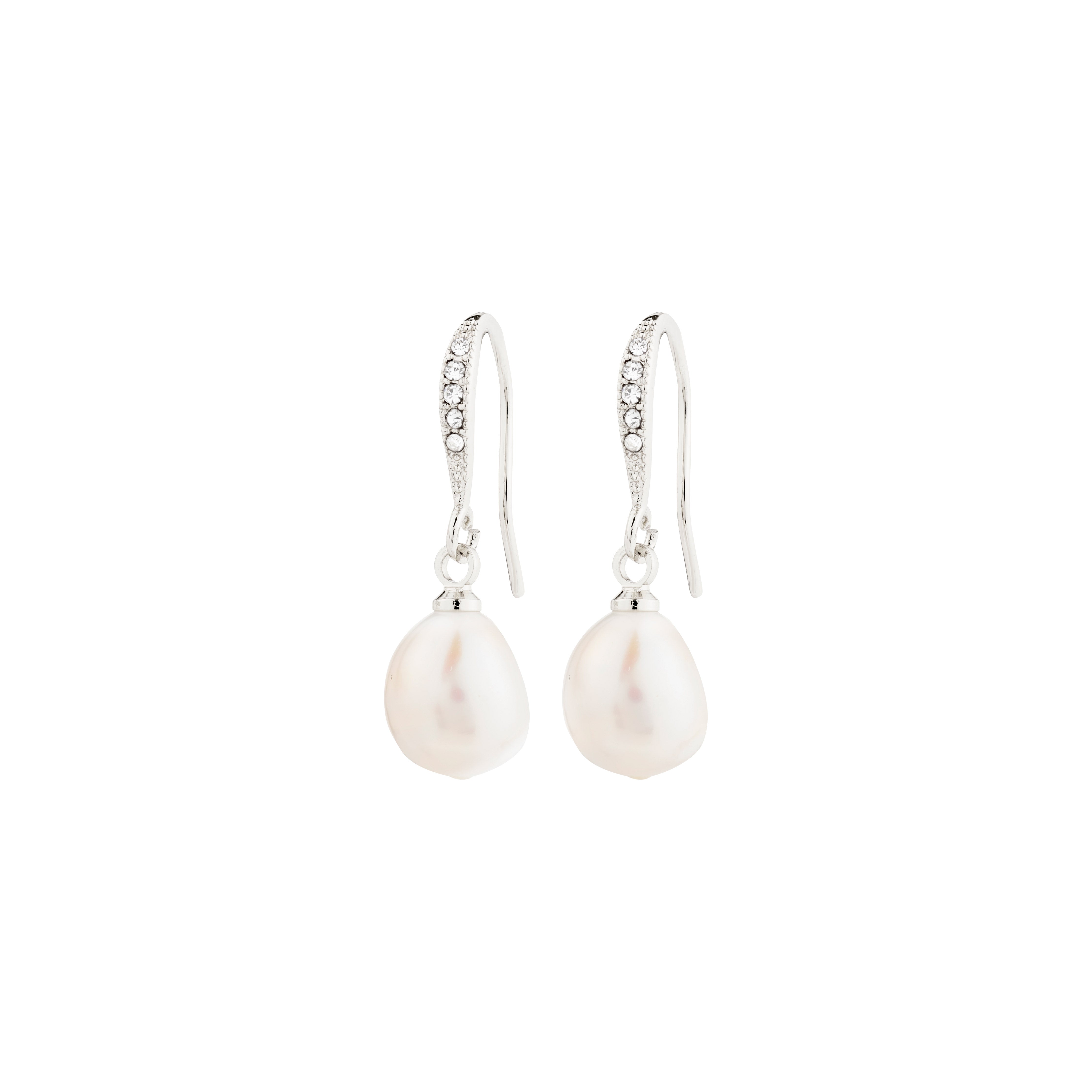 JASMIN pearl earrings silver-plated, featuring shiny hoops with sparkling Preciosa crystals and genuine freshwater pearl pendants, offering an elegant and timeless design.