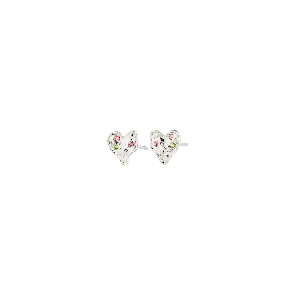 RYAN heart earrings silver-plated, featuring an organic heart shape with Preciosa crystals, showcasing Pilgrim's handcrafted, recycled elegance for a romantic, trendy look.
