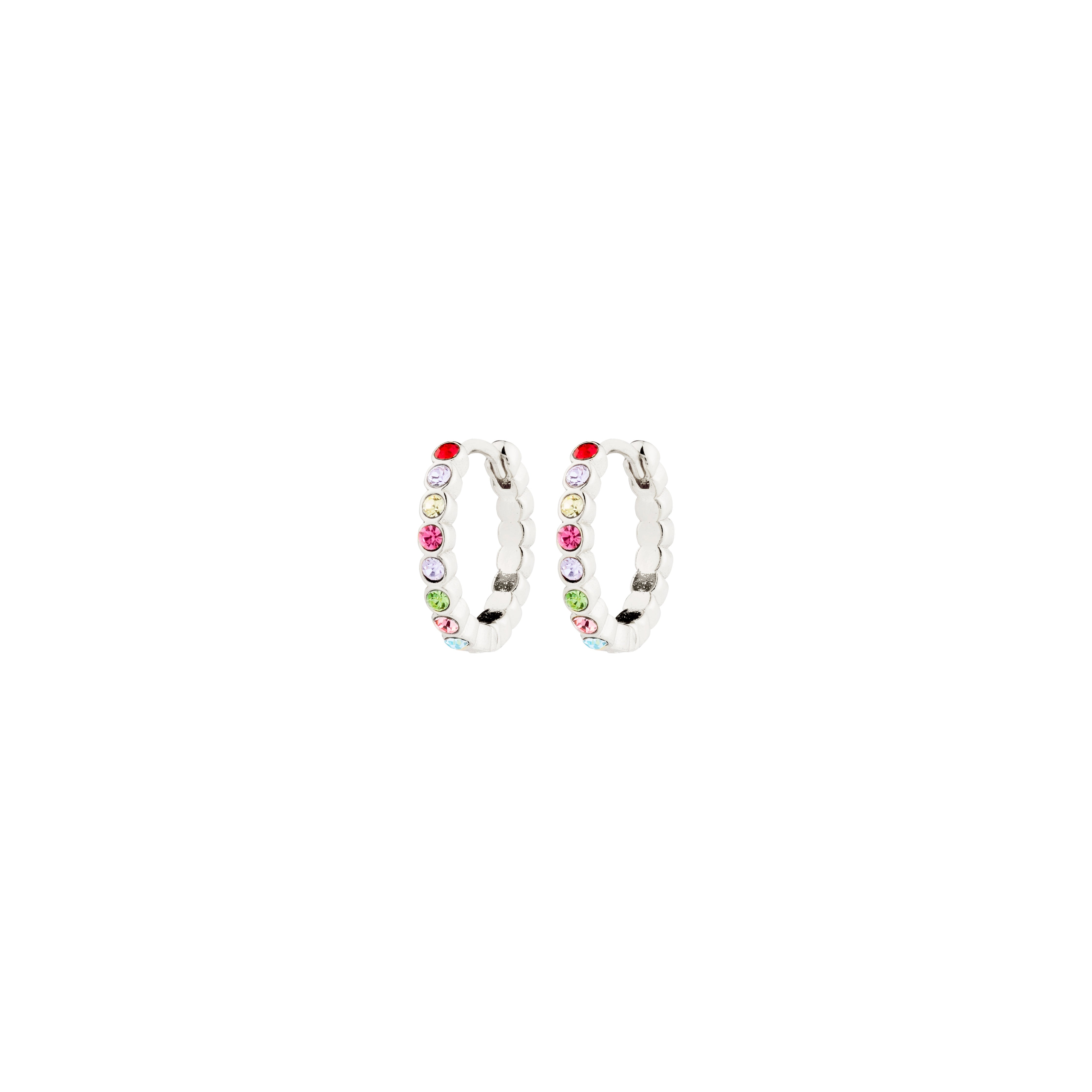 KLEOPRATRA hoop earrings, silver-plated, featuring colorful Preciosa crystals on a recycled material base, offering sparkle with an easy click clasp from Pilgrim.