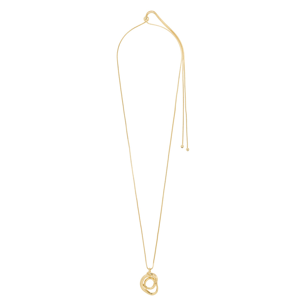 Gold-plated DIEGO necklace with a twisted doodle pendant and adjustable slide lock, crafted from recycled materials, offering a creative, stylish edge to any outfit.