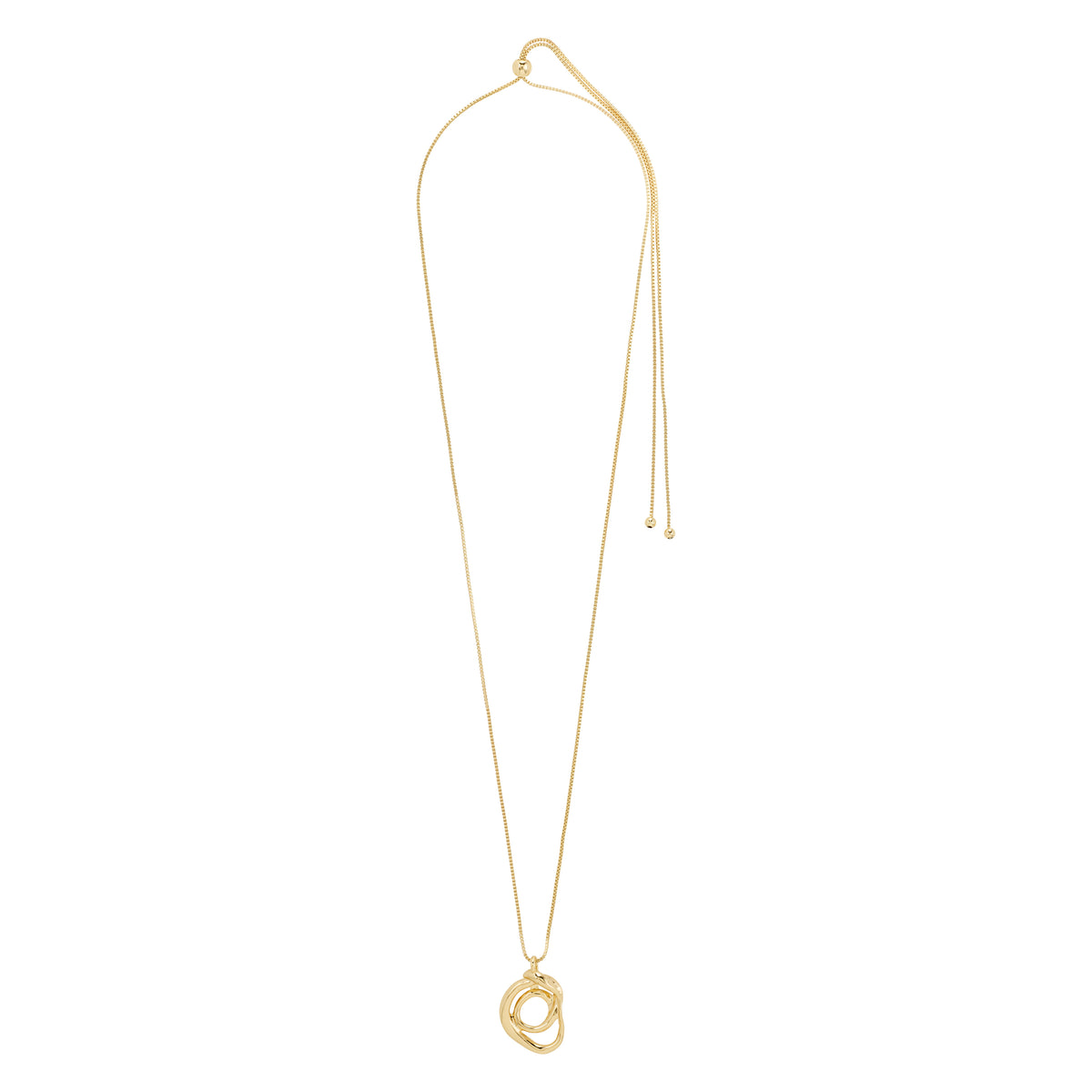 Gold-plated DIEGO necklace with a twisted doodle pendant and adjustable slide lock, crafted from recycled materials, offering a creative, stylish edge to any outfit.