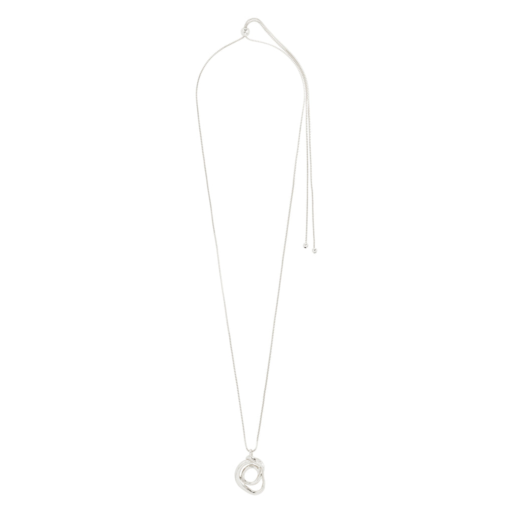Silver-plated DIEGO necklace with a twisted doodle pendant, 80 cm length, adjustable slide lock, crafted from 99% recycled materials, offering an artsy twist to any outfit.